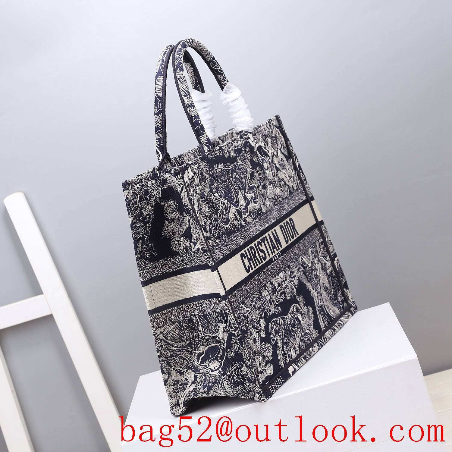 Dior blue tiger Bayadere pattern mixed effect D-Stripes pattern embroidery book tote bag