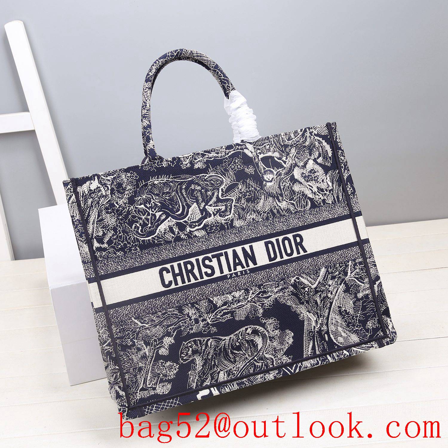 Dior blue tiger Bayadere pattern mixed effect D-Stripes pattern embroidery book tote bag