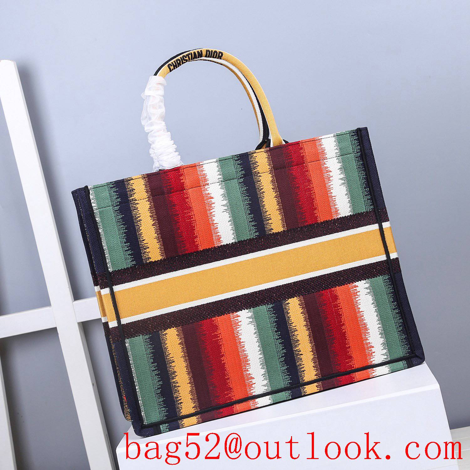 Dior Multicolor Stripe Embroidery large book tote handbag bag