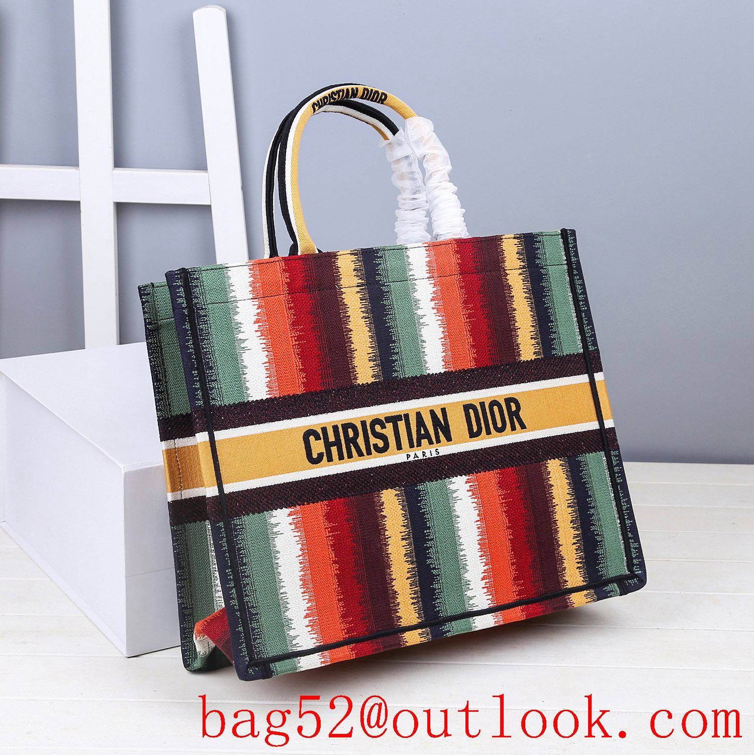 Dior Multicolor Stripe Embroidery large book tote handbag bag