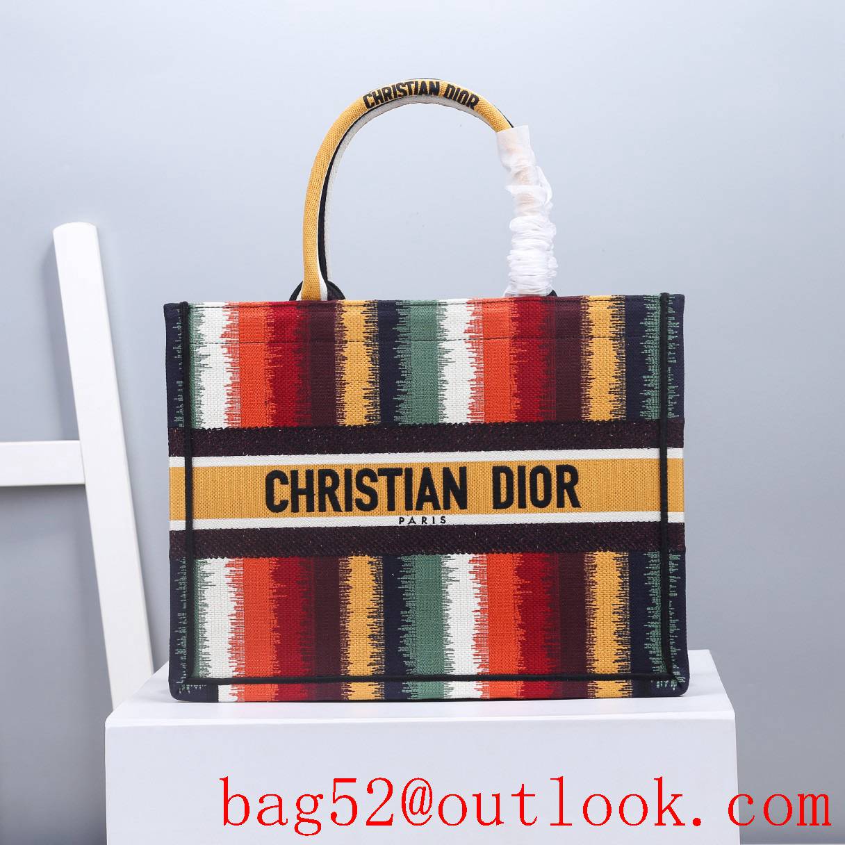 Dior small book tote handbag Multicolor Stripe Embroidery bag