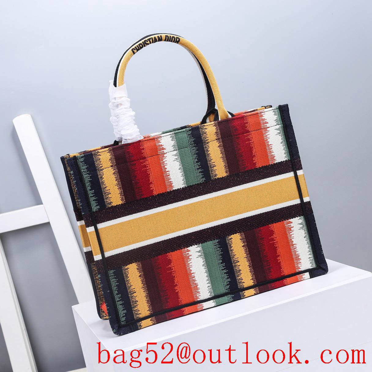 Dior small book tote handbag Multicolor Stripe Embroidery bag