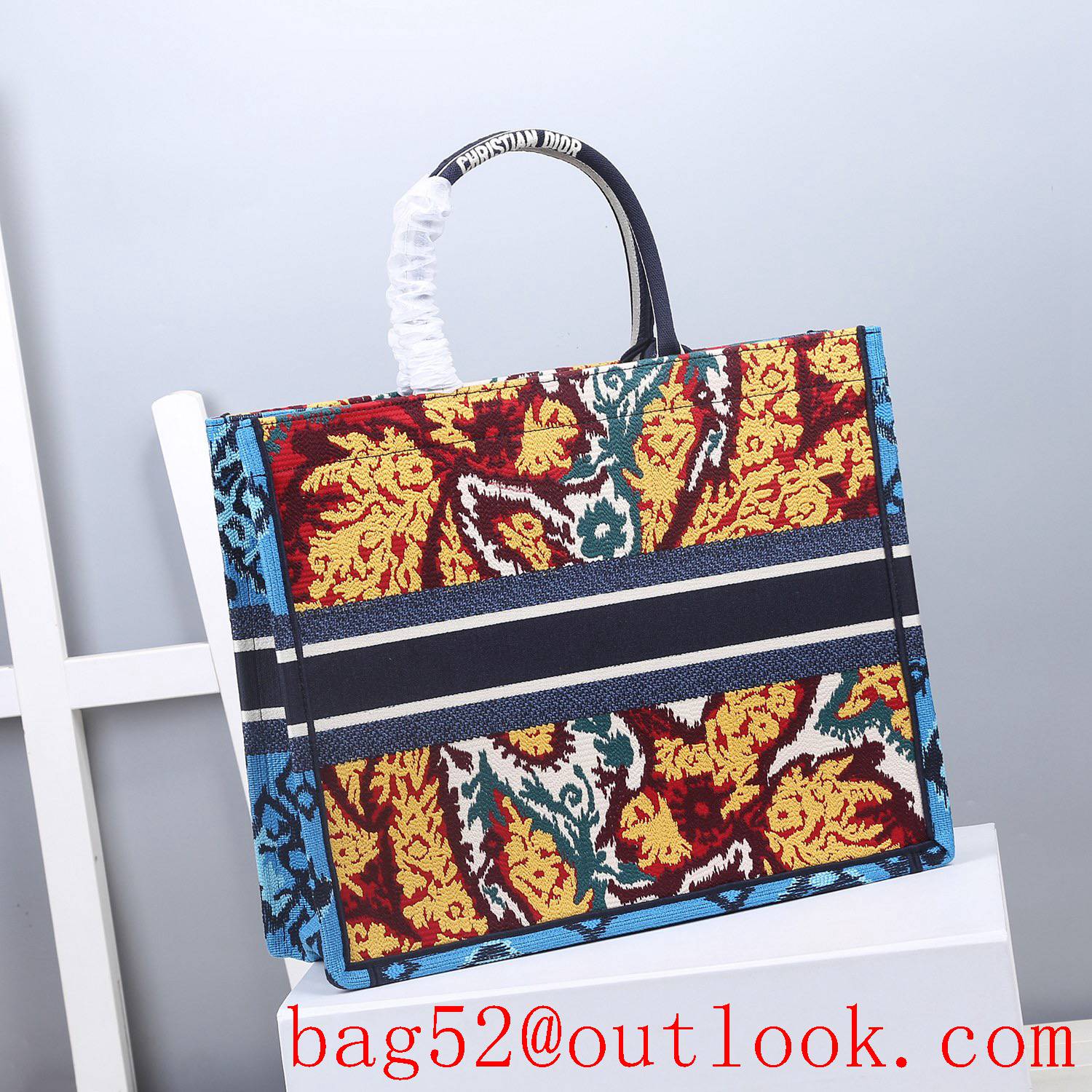 Dior colorful Multicolor Stripe Embroidery tote large bag