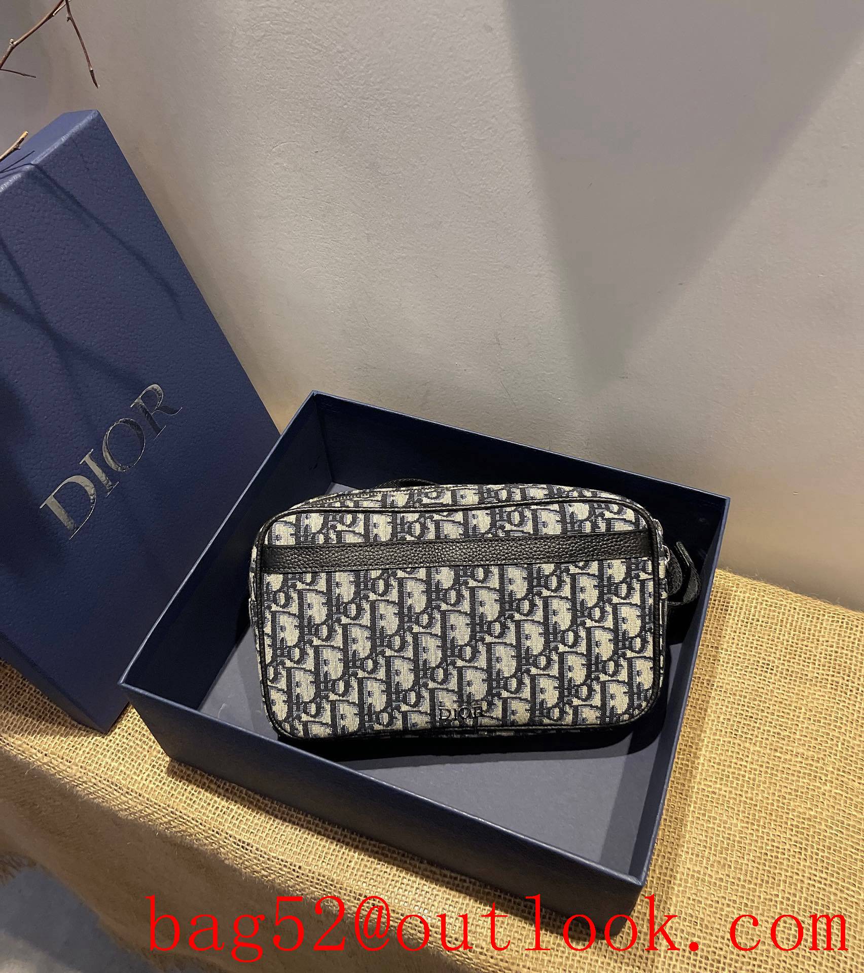 Dior Beige and black oblique print grained calfskin wasit bag