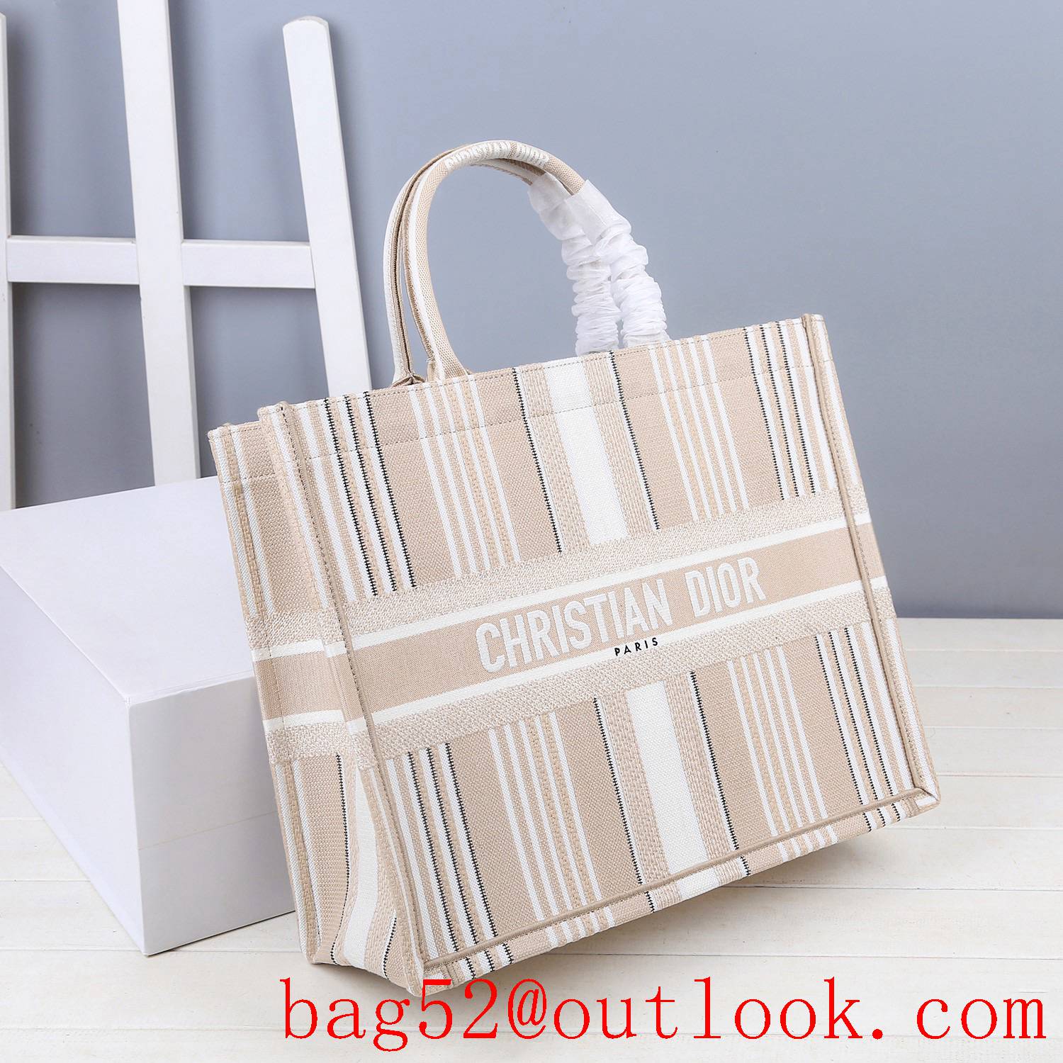 Dior large cream stripes lady tote bag