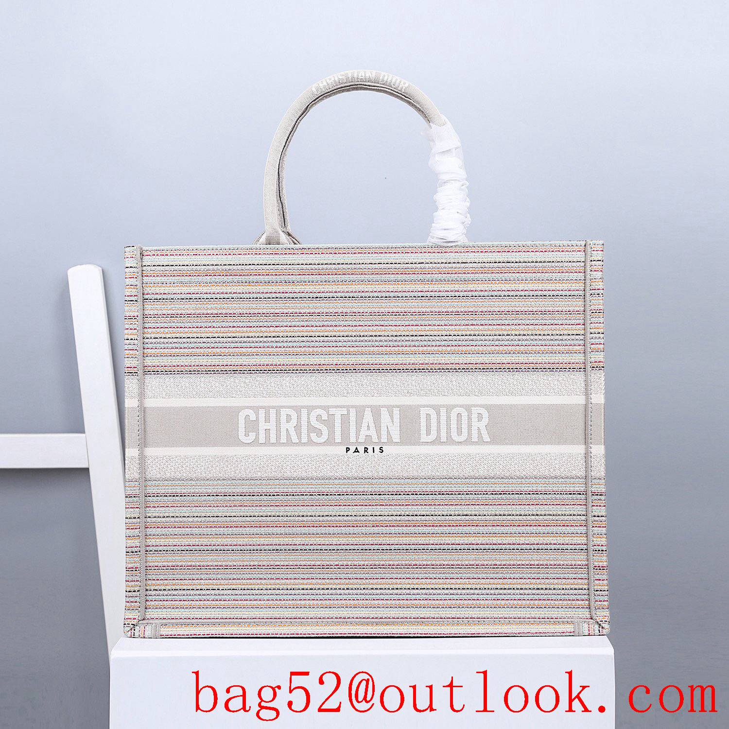 Dior multicolor stripes embroidery cream book tote large bag