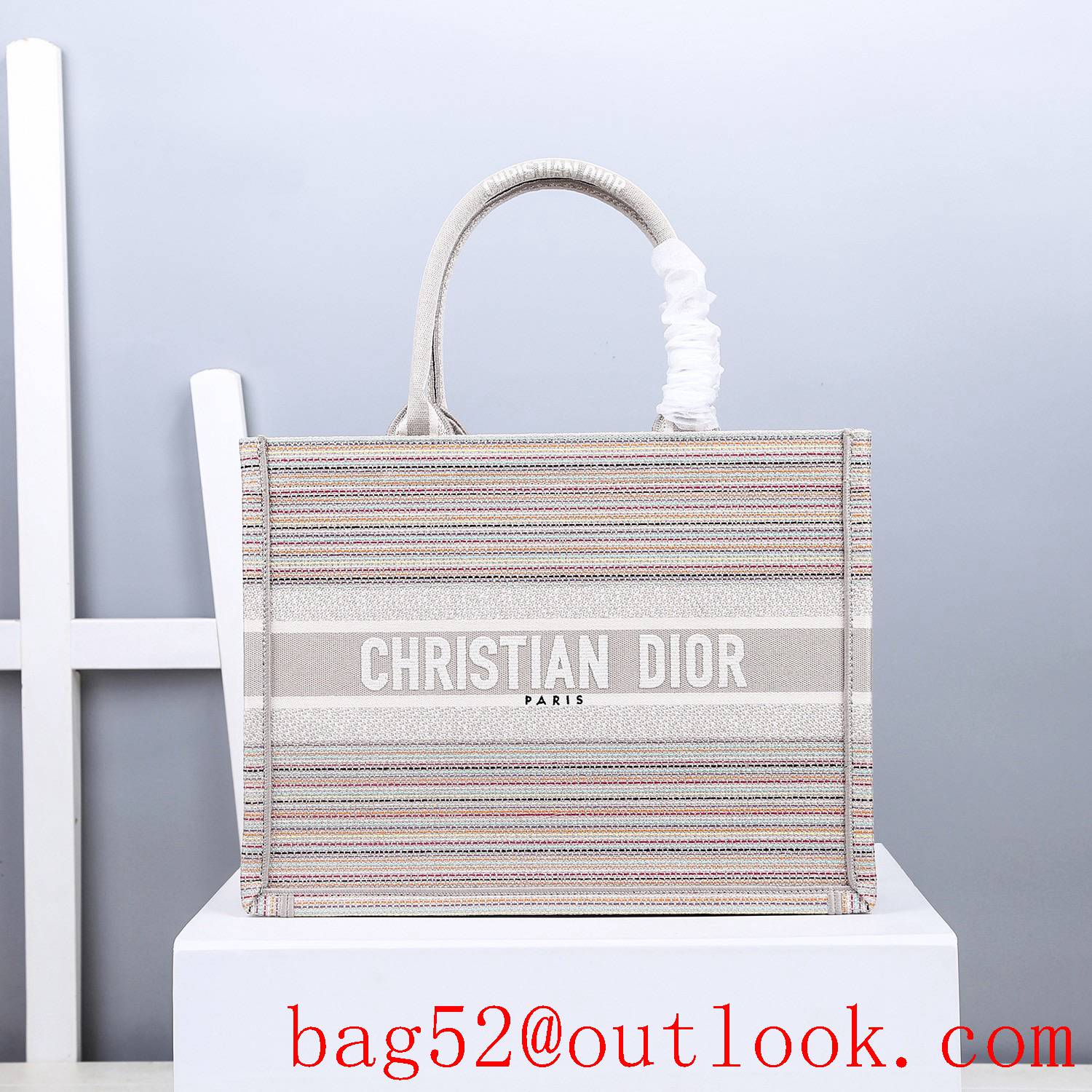Dior multicolor stripes embroidery cream book tote small bag