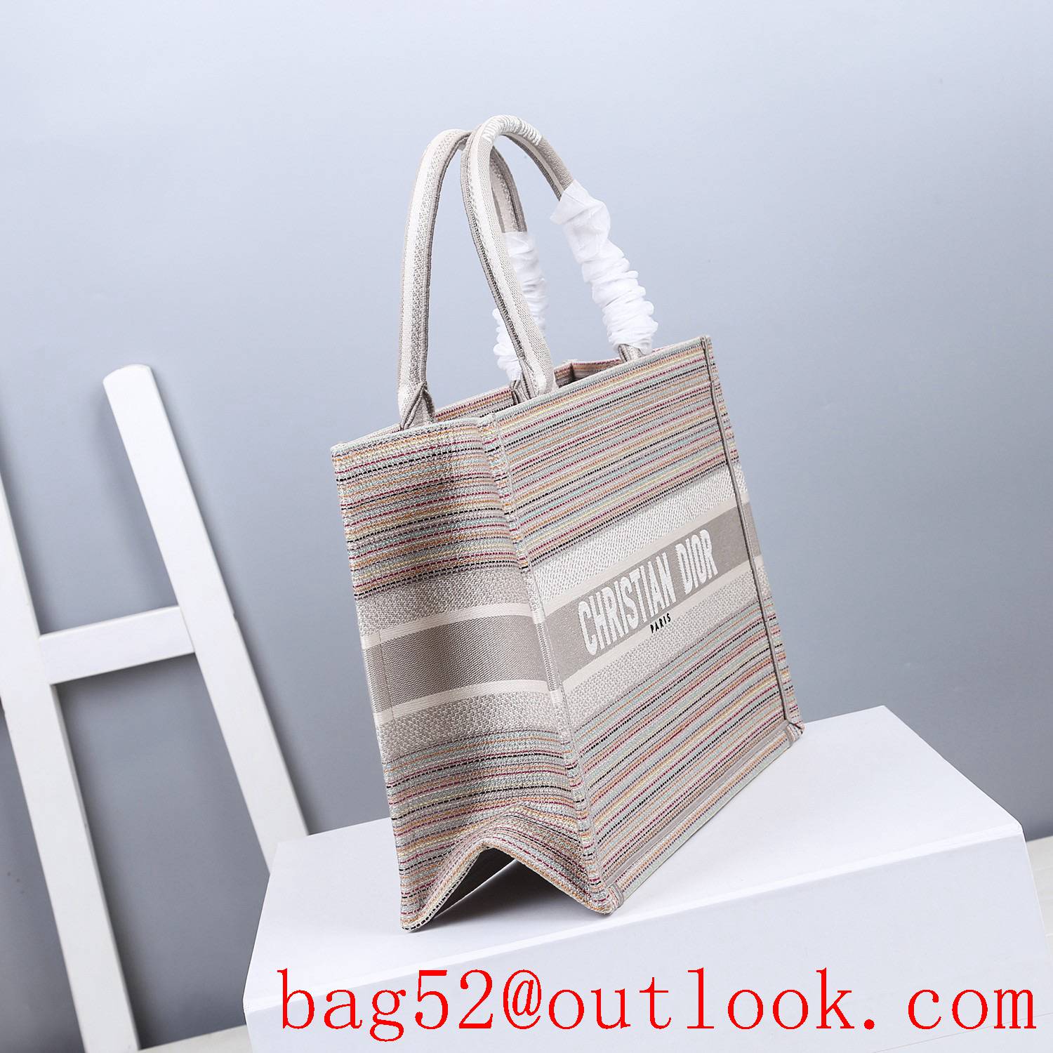 Dior multicolor stripes embroidery cream book tote small bag