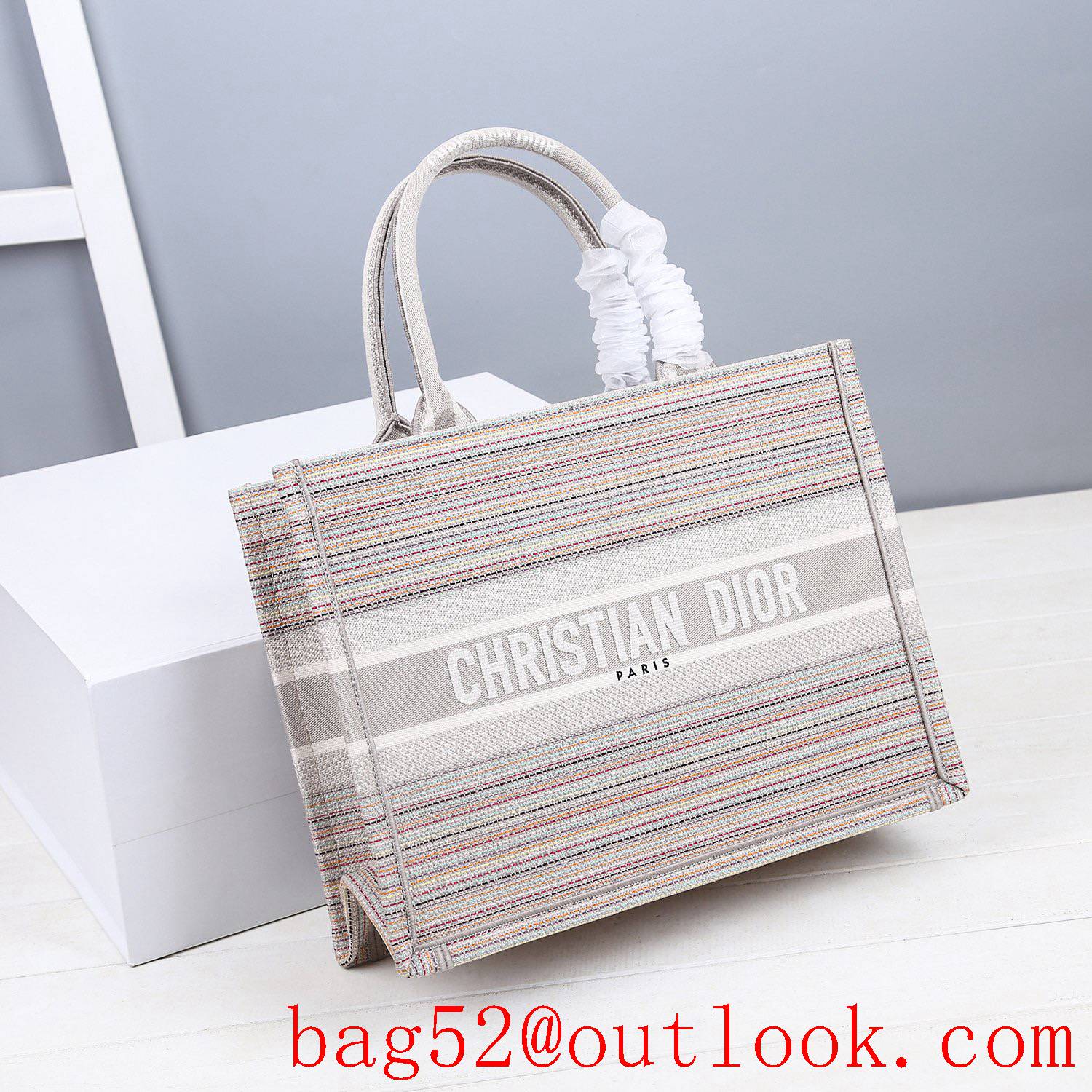 Dior multicolor stripes embroidery cream book tote small bag