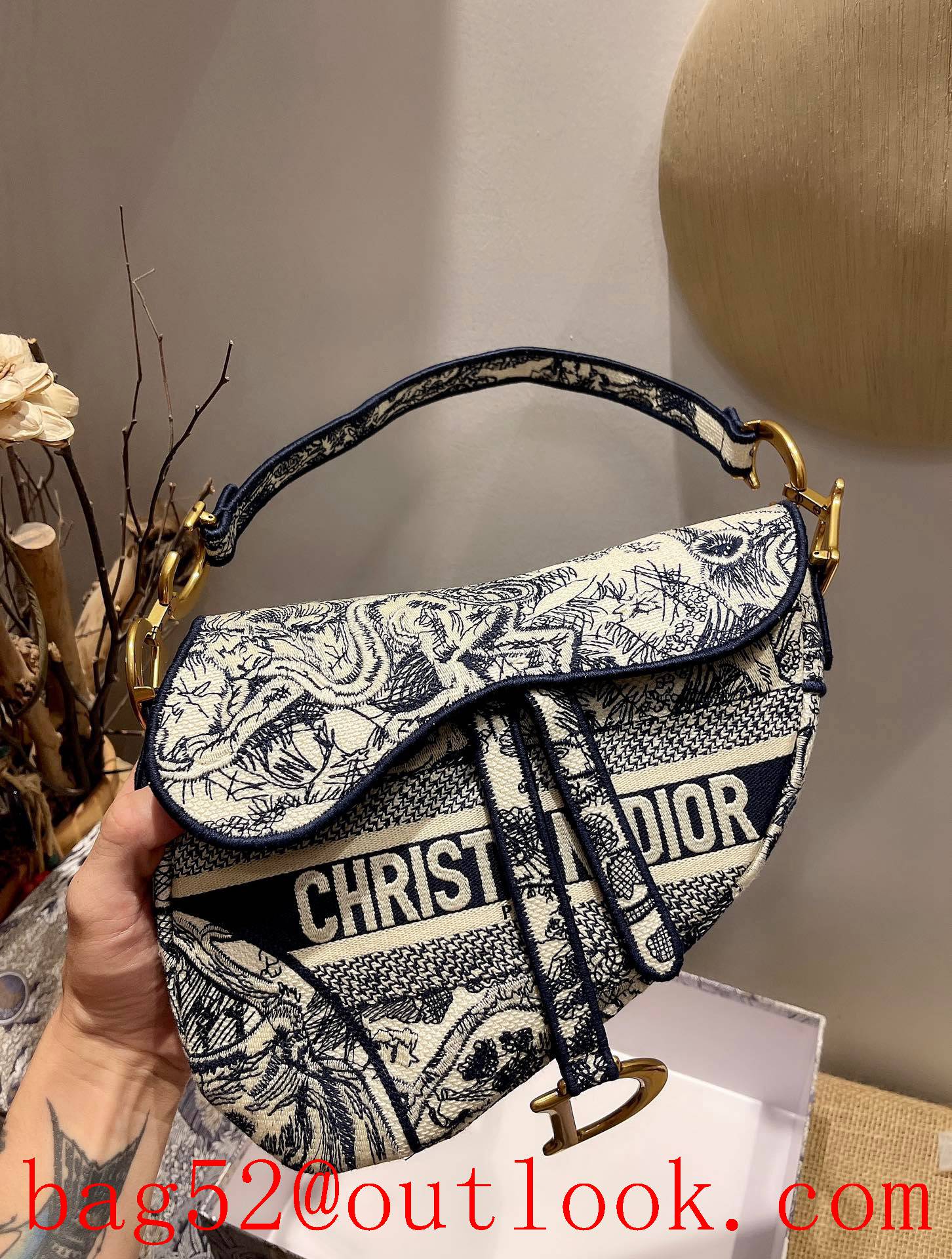 Dior oblique Anti-IT saddle flower dark blue full body logo metal CD shoulder crossbody handbag bag