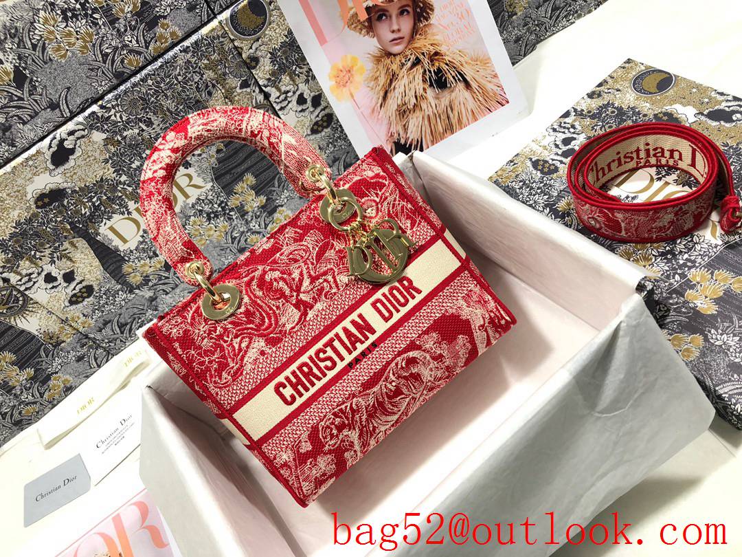 Dior Lady D-Lite five-pattern embroidered tiger red tote handbag