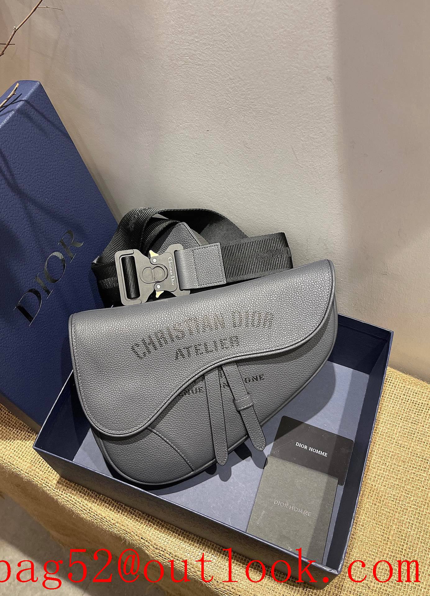 Dior calfskin leather black print logo christian atelier saddle shoulder grey bag