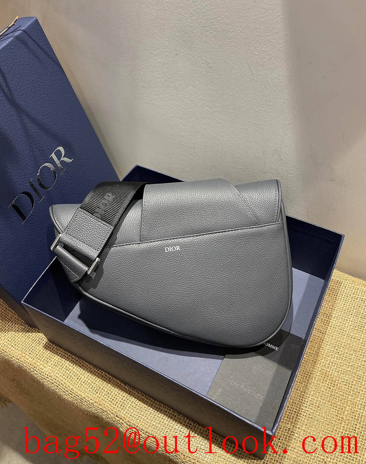 Dior calfskin leather black print logo christian atelier saddle shoulder grey bag