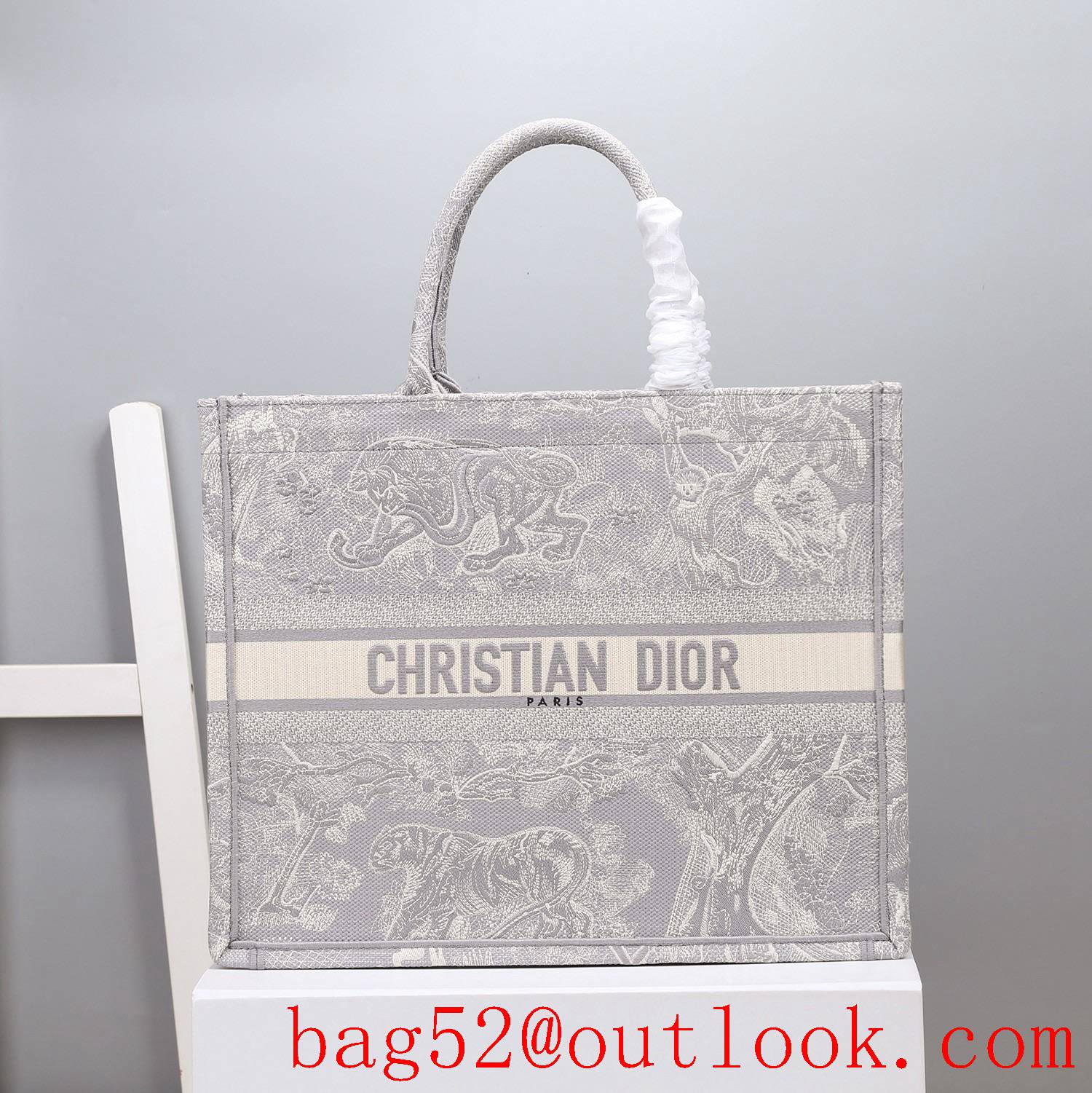 Dior Bayadere pattern mixed effect book tote large grey D-Stripes pattern embroidery tiger bag