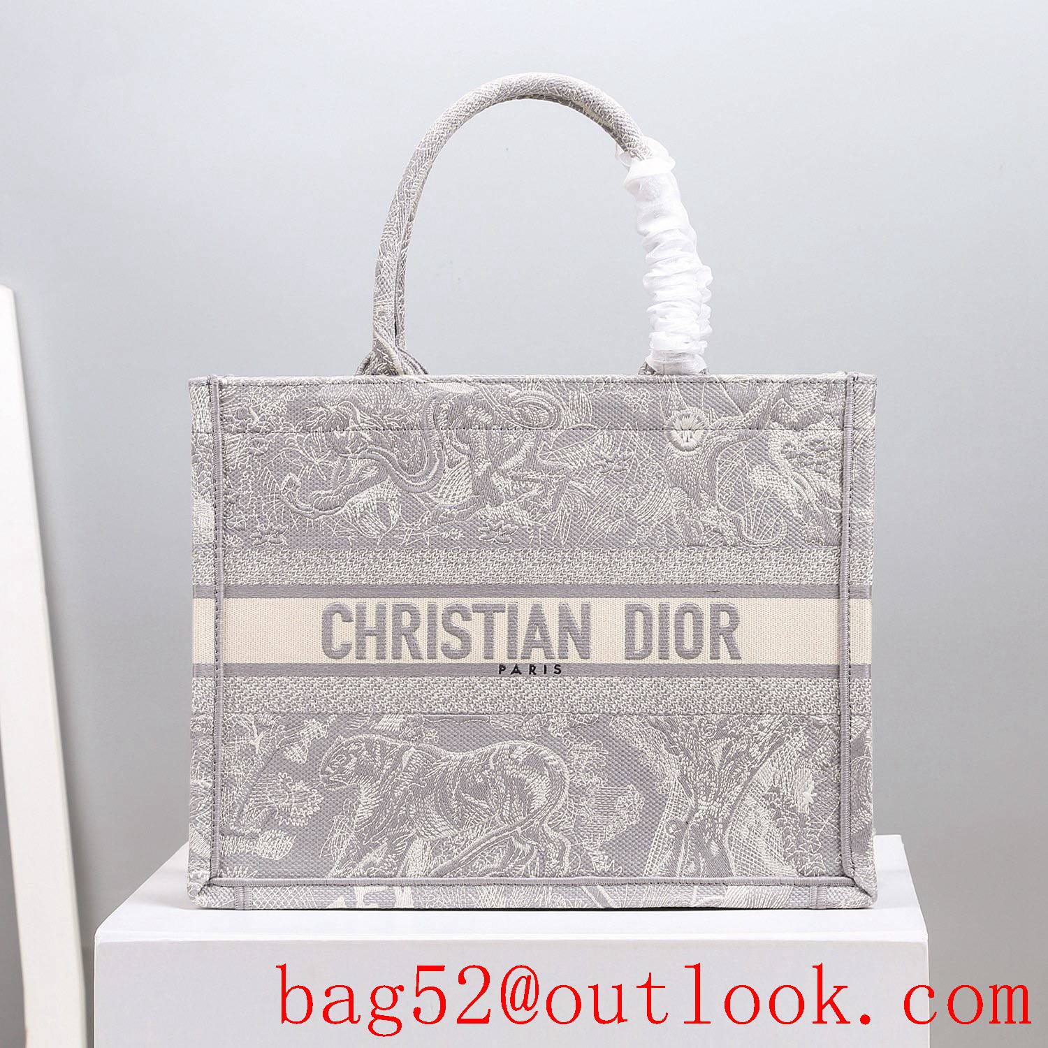 Dior Bayadere pattern mixed effect embroidery book tote small grey tiger D-Stripes pattern bag