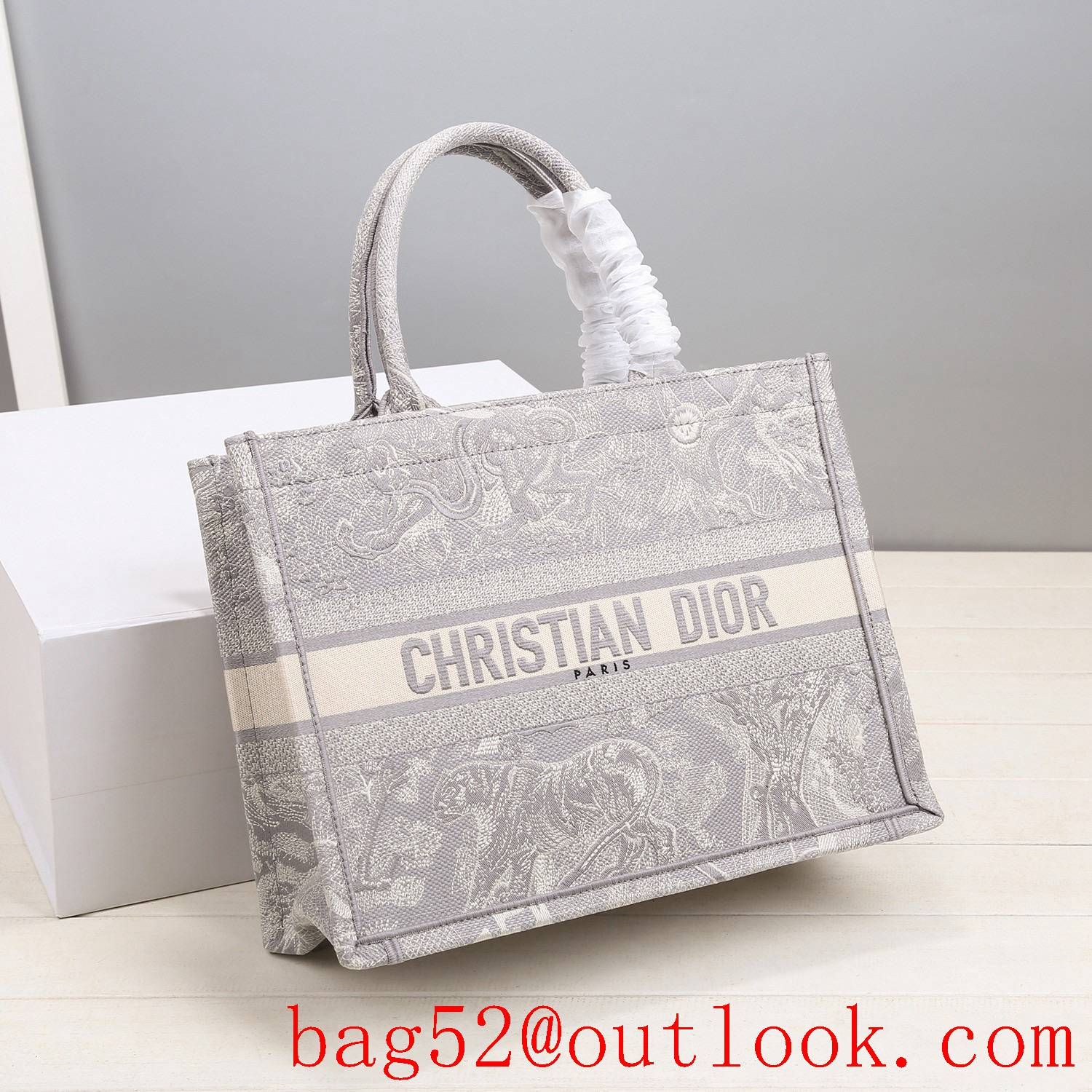 Dior Bayadere pattern mixed effect embroidery book tote small grey tiger D-Stripes pattern bag