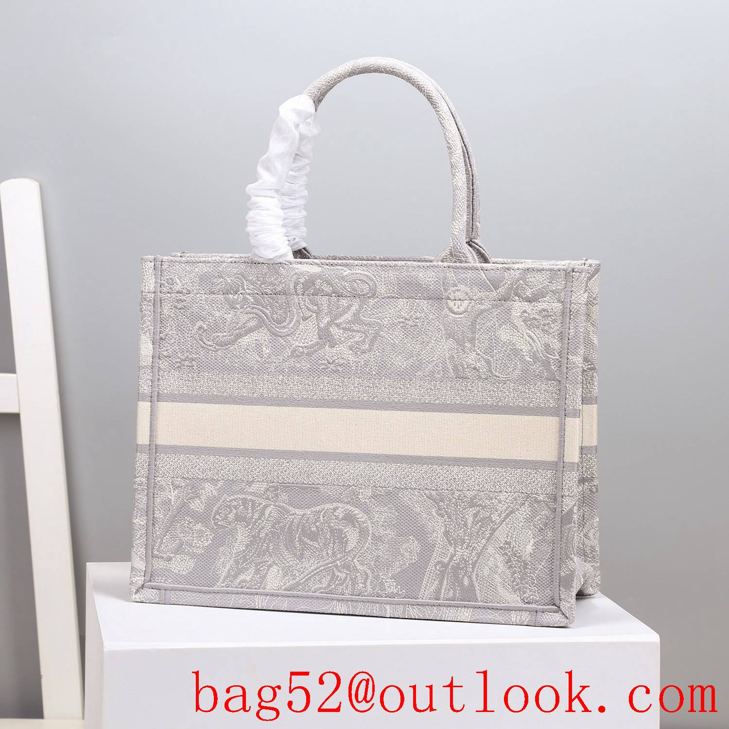 Dior Bayadere pattern mixed effect embroidery book tote small grey tiger D-Stripes pattern bag