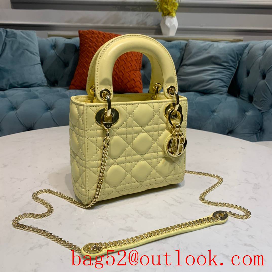 Dior three grid tote leather shoulder light yellow mini bag