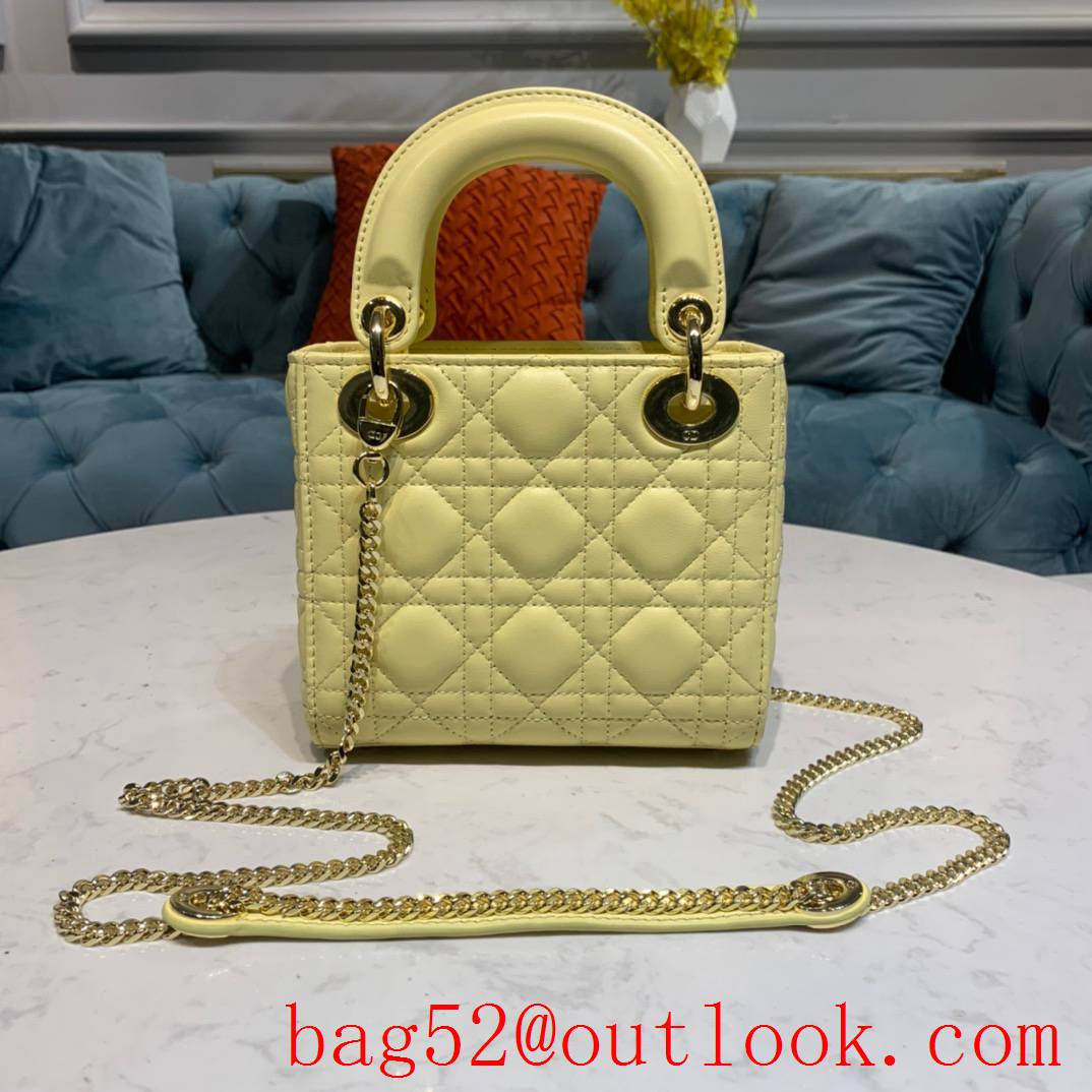 Dior three grid tote leather shoulder light yellow mini bag