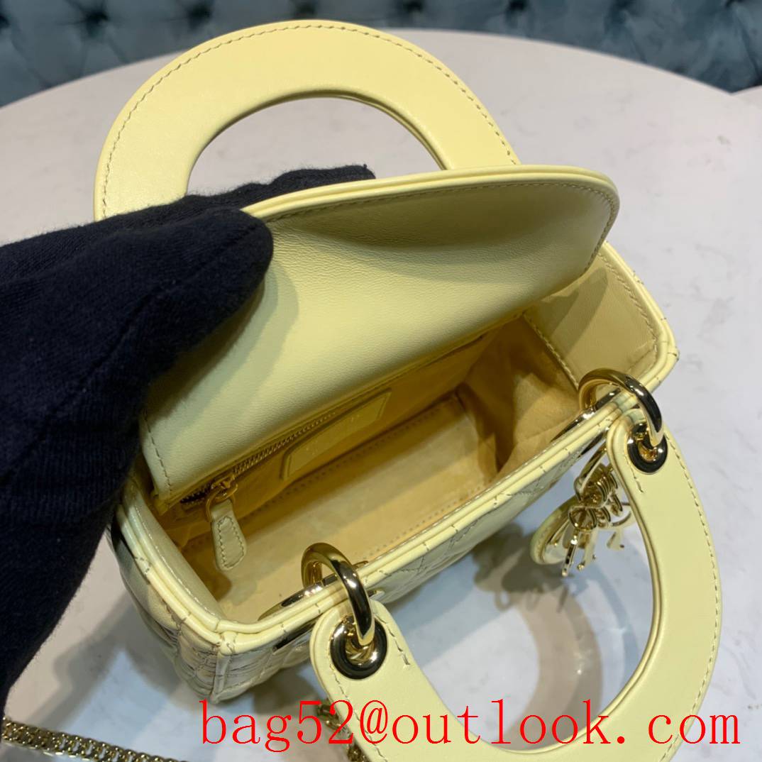 Dior three grid tote leather shoulder light yellow mini bag