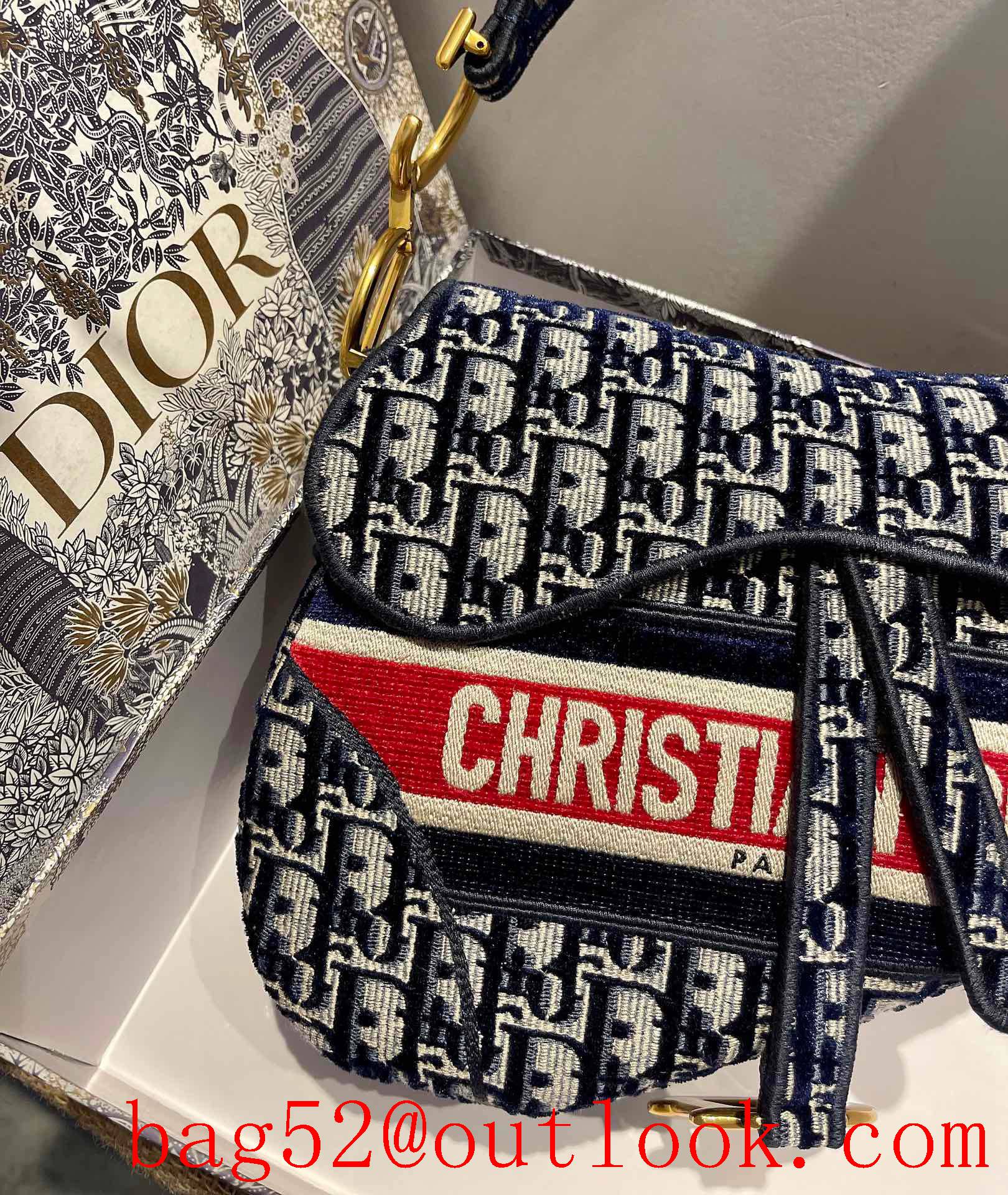 Dior full body logo metal CD shoulder crossbody oblique saddle Anti-IT flower navy blue handbag bag