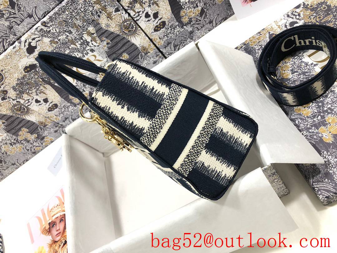 Dior Lady D-Lite Five Grid Embroidered navy blue Stripe Bayadere D-Stripes pattern tote handbag