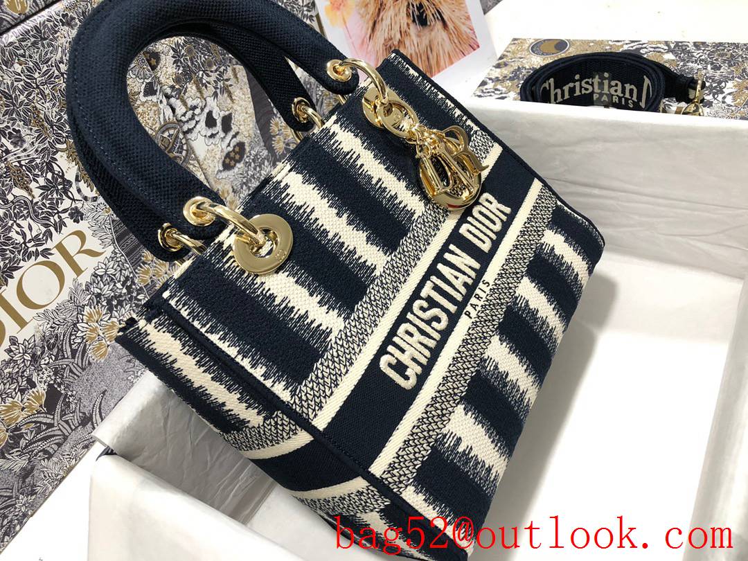 Dior Lady D-Lite Five Grid Embroidered navy blue Stripe Bayadere D-Stripes pattern tote handbag