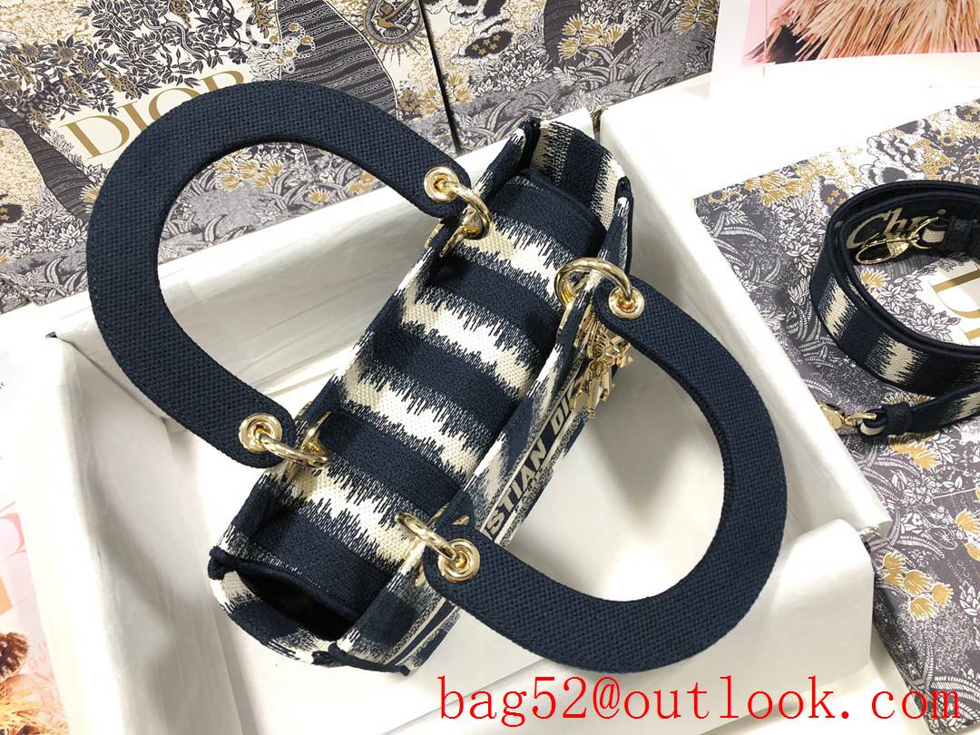 Dior Lady D-Lite Five Grid Embroidered navy blue Stripe Bayadere D-Stripes pattern tote handbag