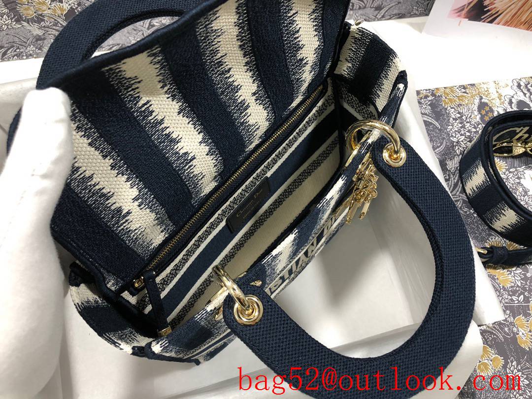 Dior Lady D-Lite Five Grid Embroidered navy blue Stripe Bayadere D-Stripes pattern tote handbag