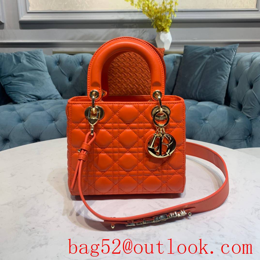 Dior four grid handcrafted lambskin with classic Cannage stitching shoulder adjustable shoulder strap small tote orange bag