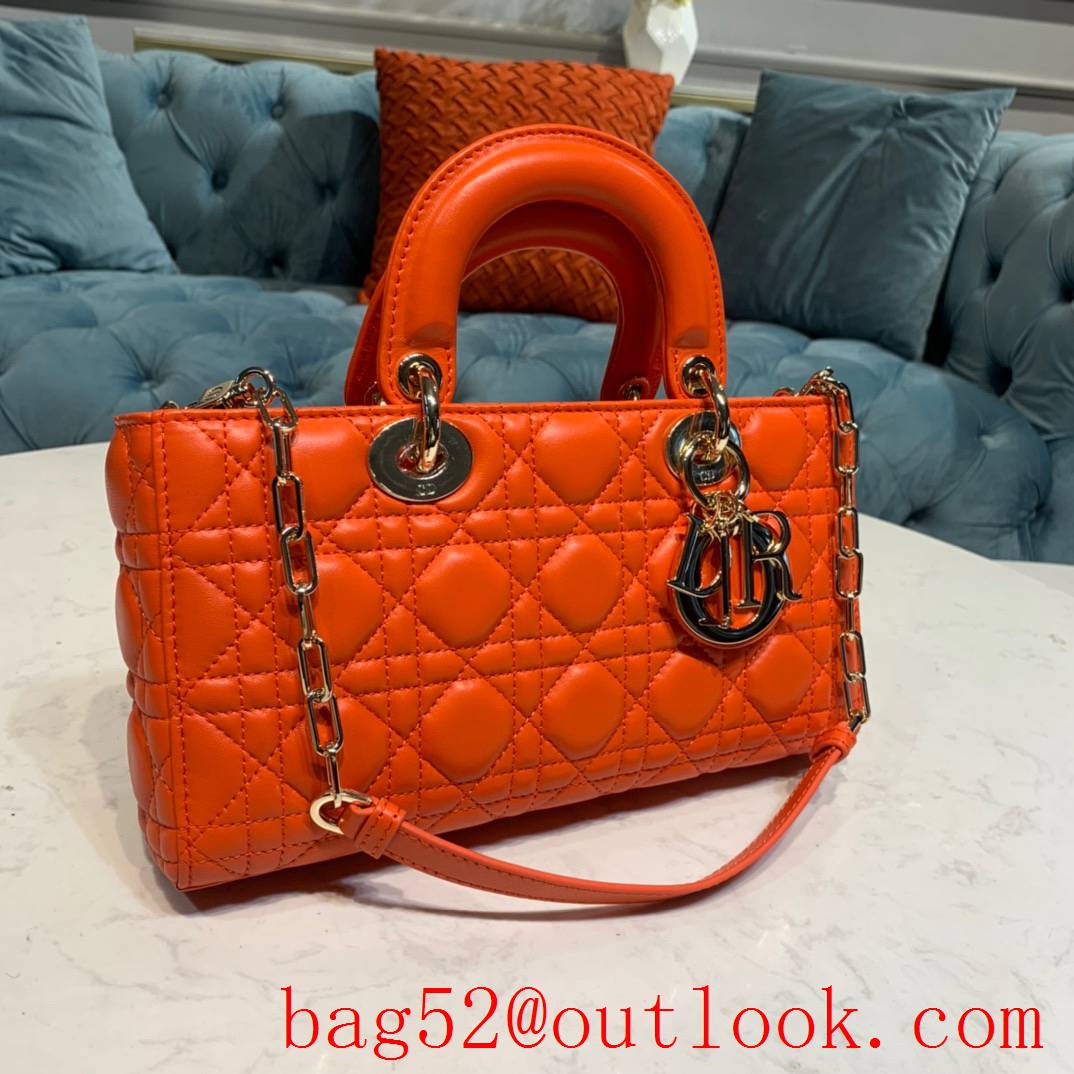 Dior Lady D-Joy diamond cannage topstitch sheepskin Light gold-finish metal orange tote shoulder chain bag