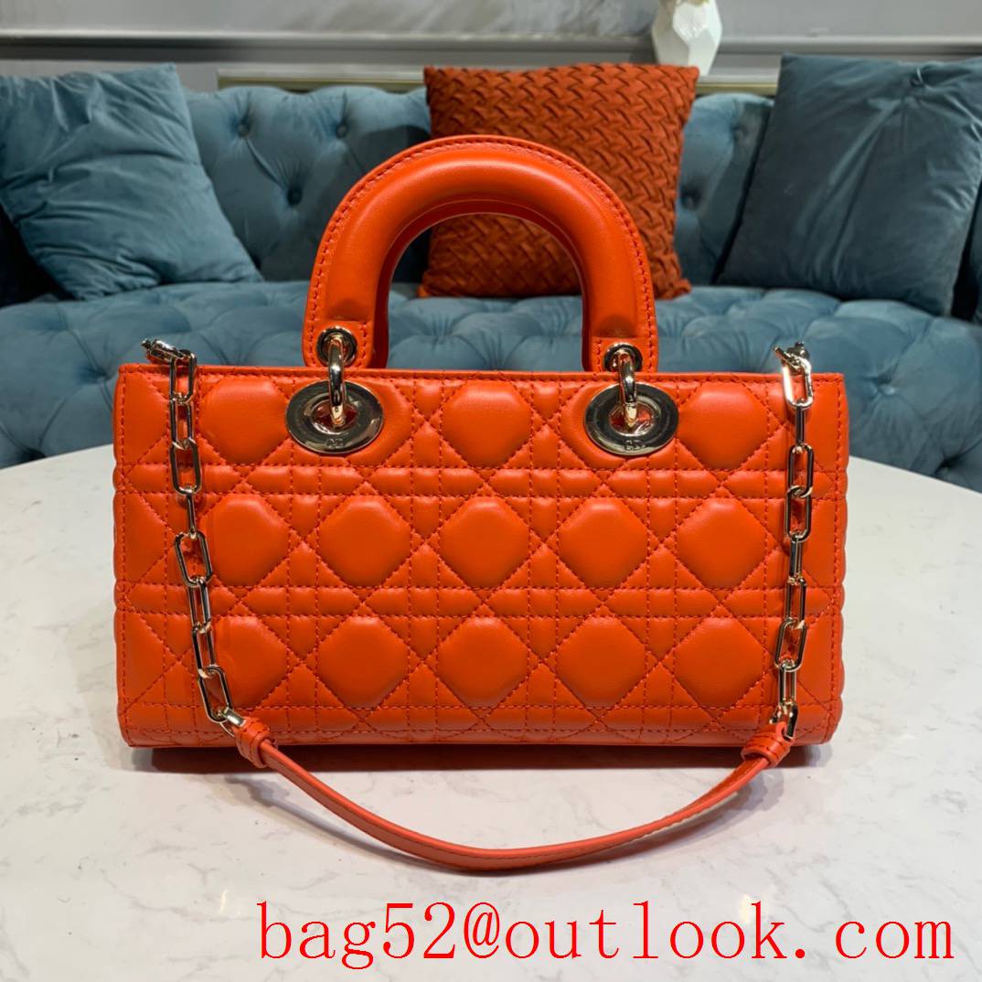 Dior Lady D-Joy diamond cannage topstitch sheepskin Light gold-finish metal orange tote shoulder chain bag