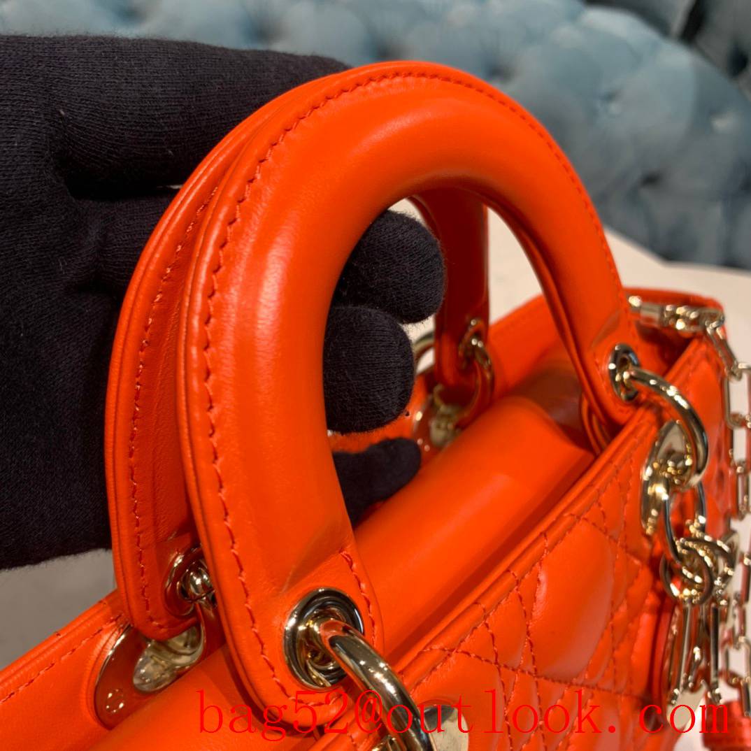 Dior Lady D-Joy diamond cannage topstitch sheepskin Light gold-finish metal orange tote shoulder chain bag