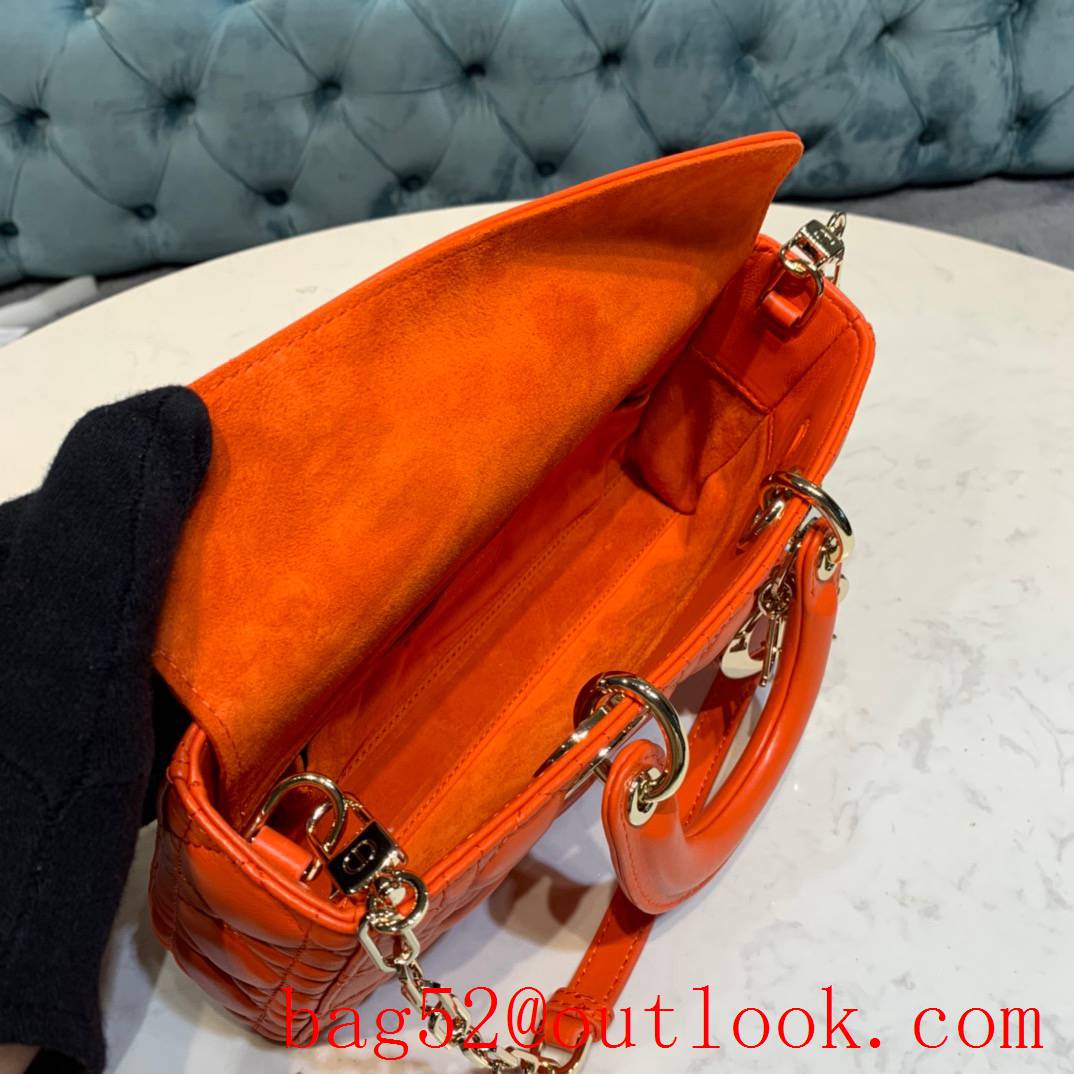 Dior Lady D-Joy diamond cannage topstitch sheepskin Light gold-finish metal orange tote shoulder chain bag