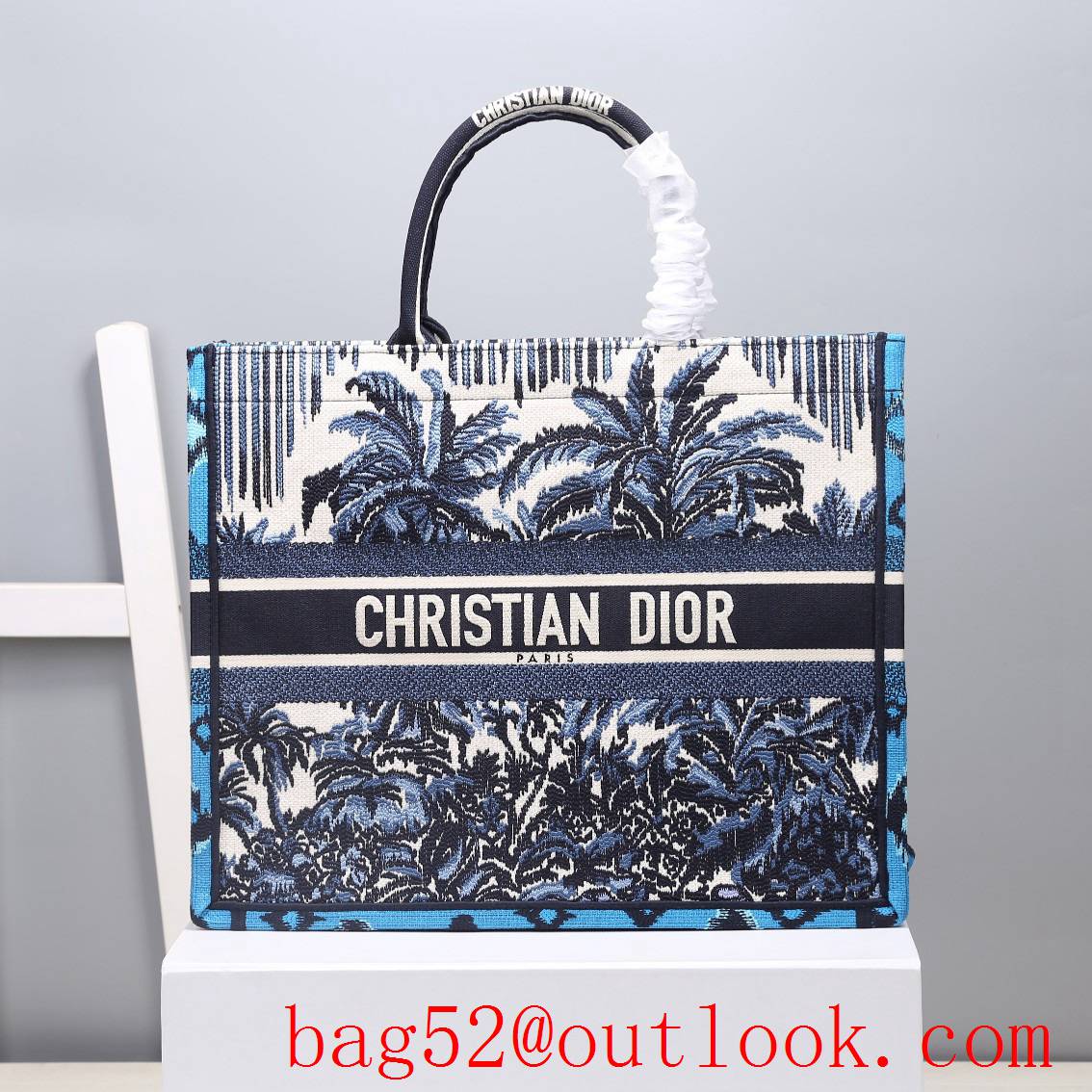 Dior Mushroom Print All Over Blue Dior Palms Embroidered book tote large bag