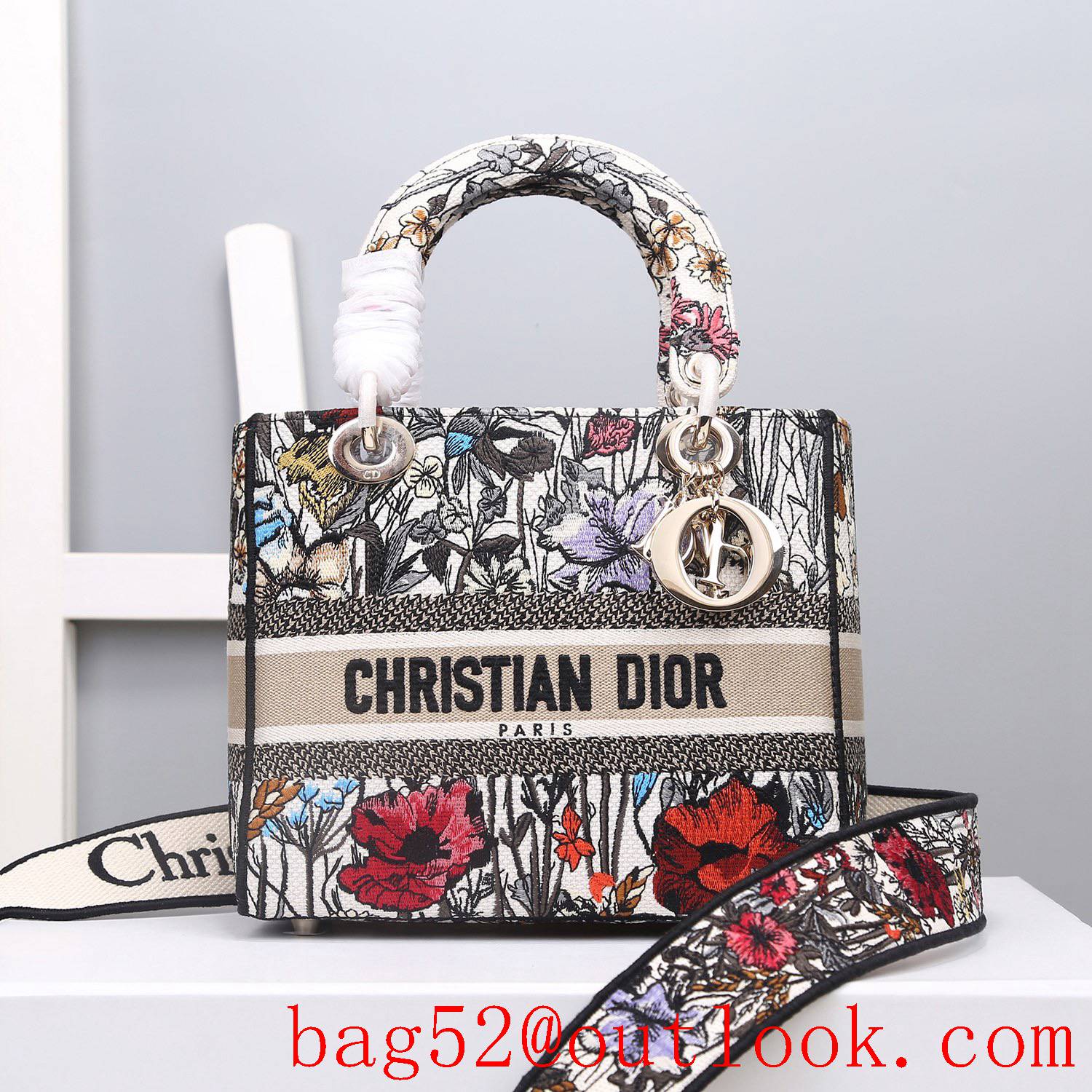 Dior Five grid embroidery pastoral flowers Hibiscus tote handbag bag