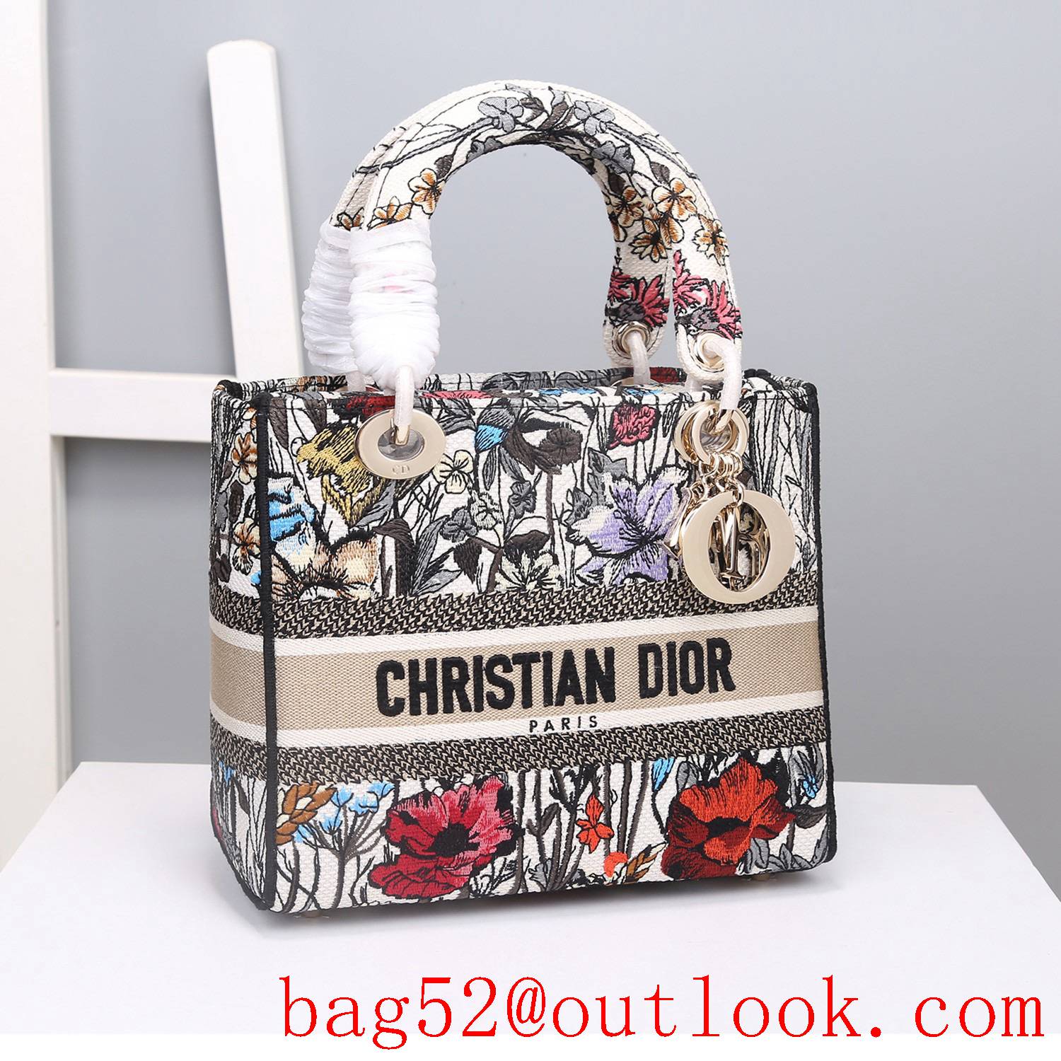 Dior Five grid embroidery pastoral flowers Hibiscus tote handbag bag