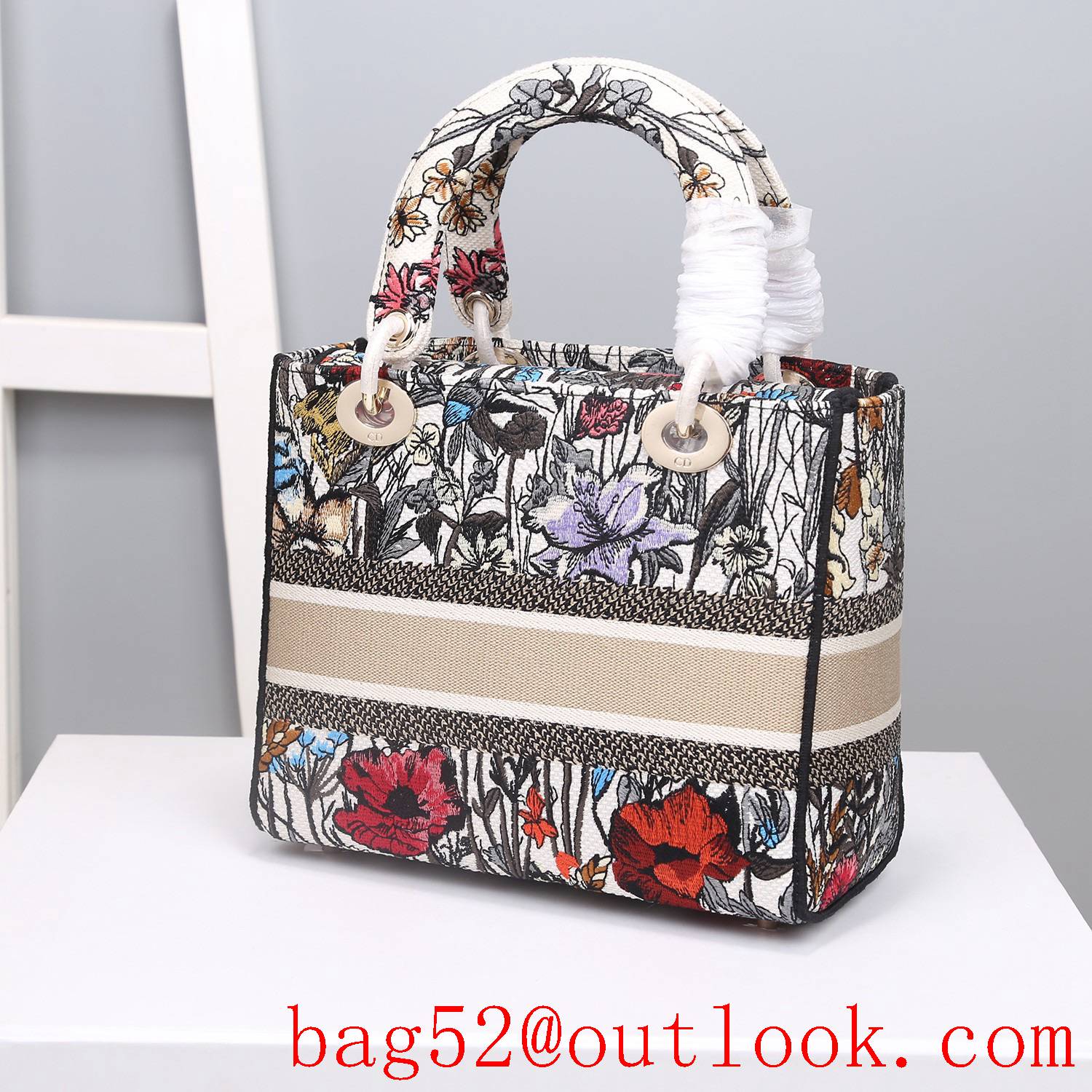 Dior Five grid embroidery pastoral flowers Hibiscus tote handbag bag