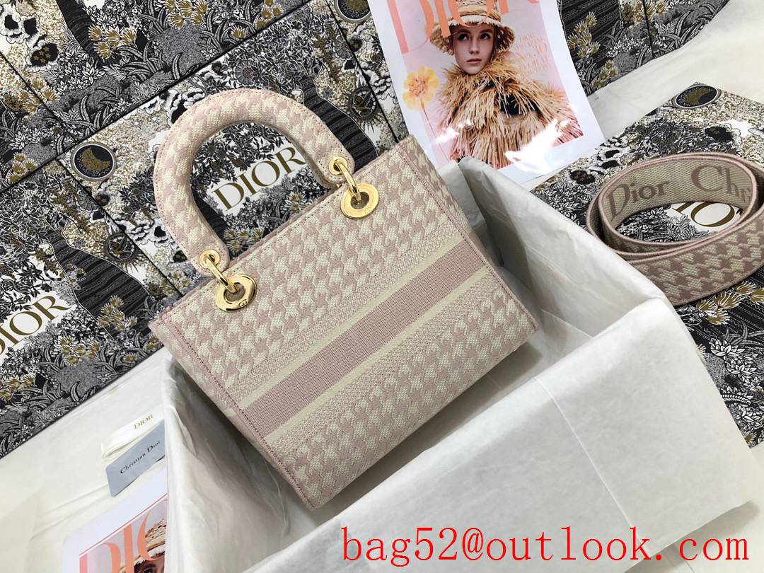 Dior Lady D-Lite Five Houndstooth pink CHRISTIAN metal logo Removable double-sided embroidered wide shoulder strap bag