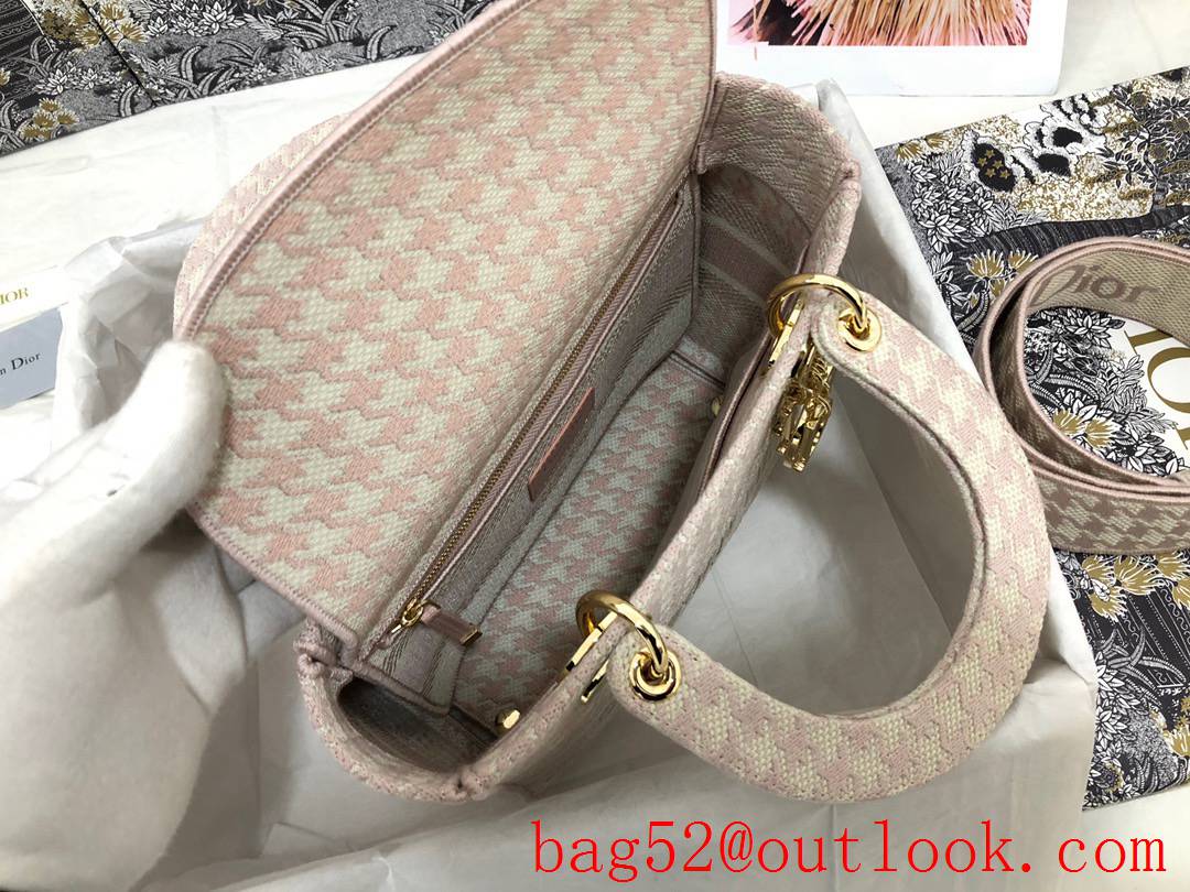 Dior Lady D-Lite Five Houndstooth pink CHRISTIAN metal logo Removable double-sided embroidered wide shoulder strap bag