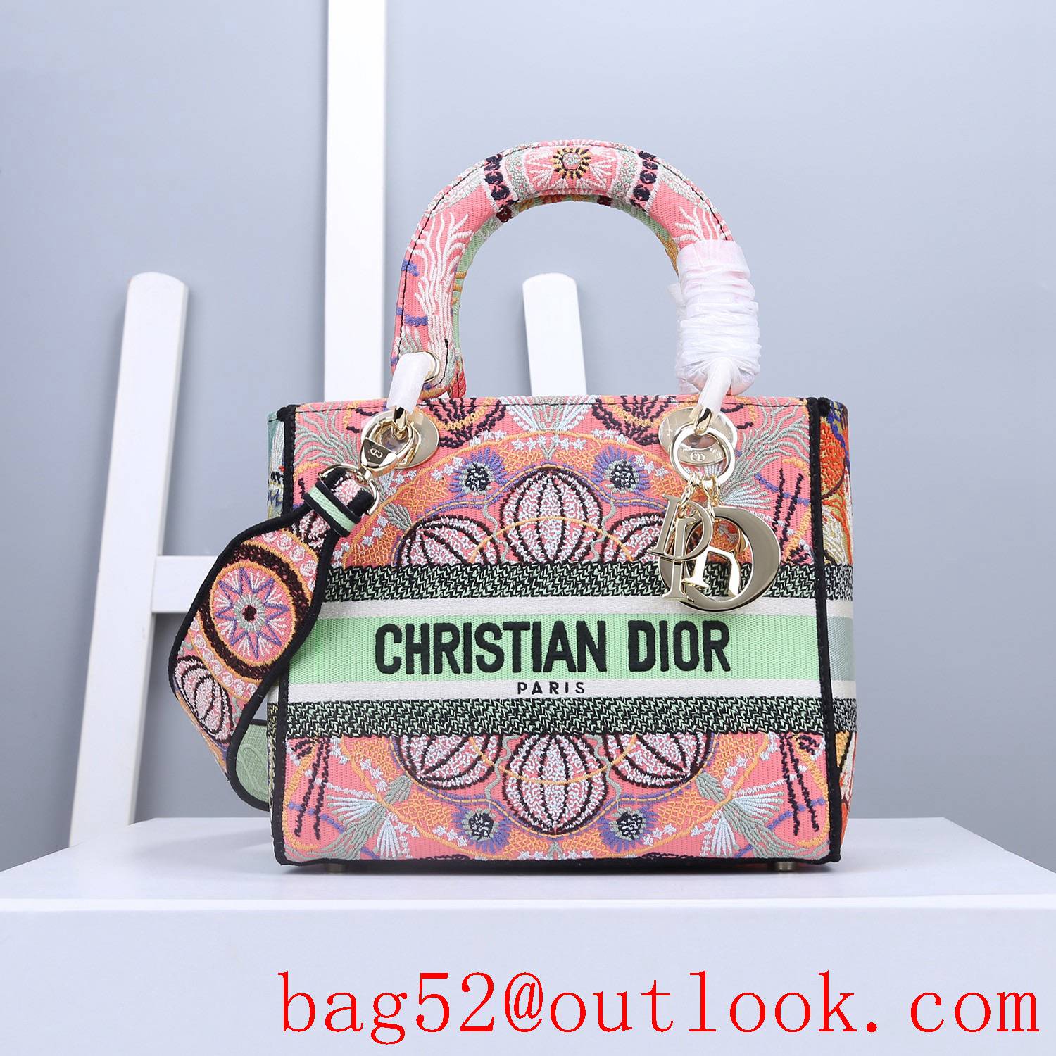 Dior Five grid embroidery Multicolor Dior in Lights embroidery Metallic thread embellishment Patchwork effect pink tote handbag