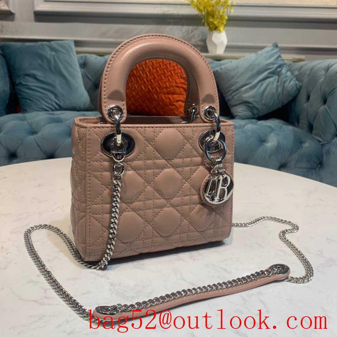 Dior mini Imported primary color cannage lambskin material silver metal accessories pink tote handbag