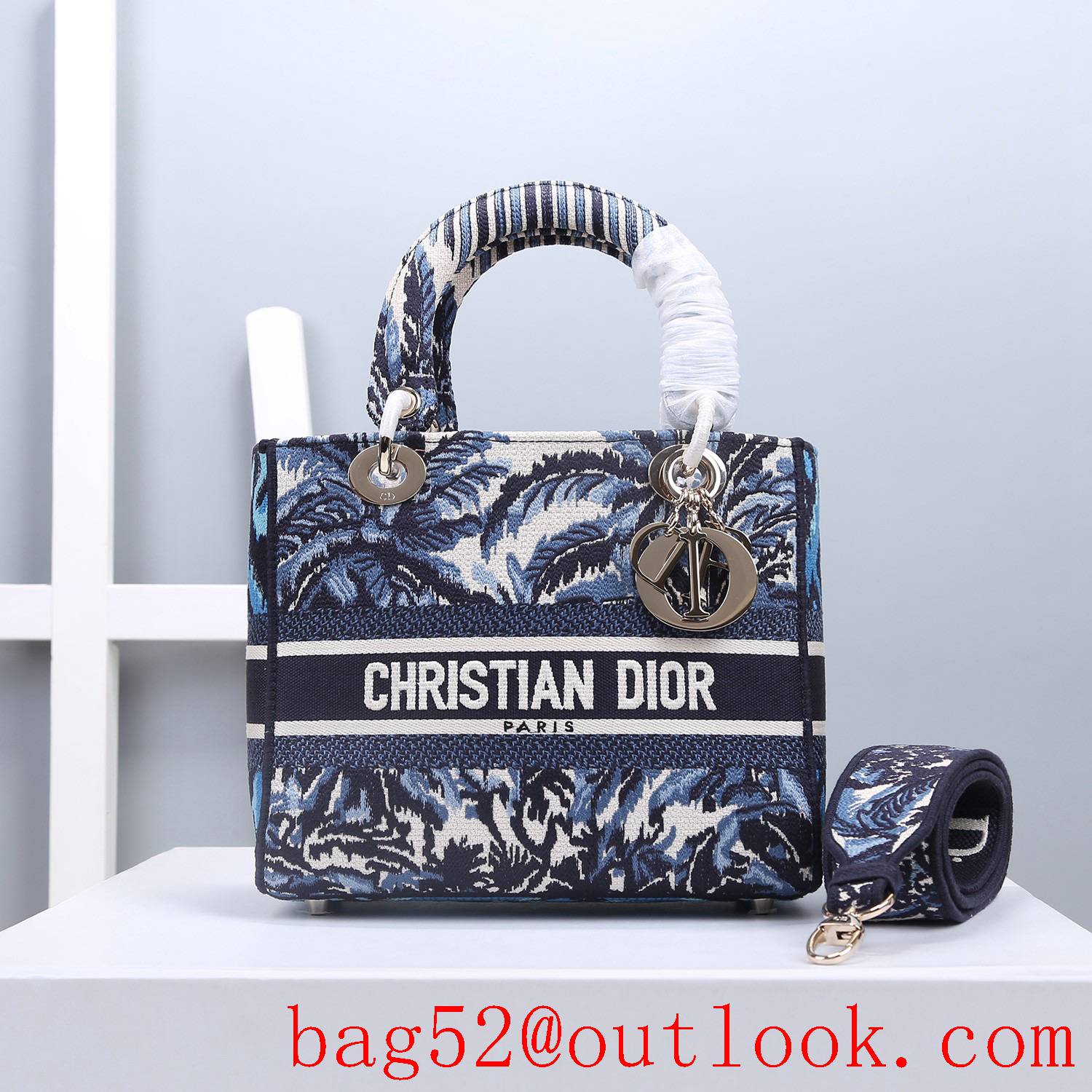 Dior Natural elements Vegetation Jouy print Blue embroidery pattern book tote handbag bag