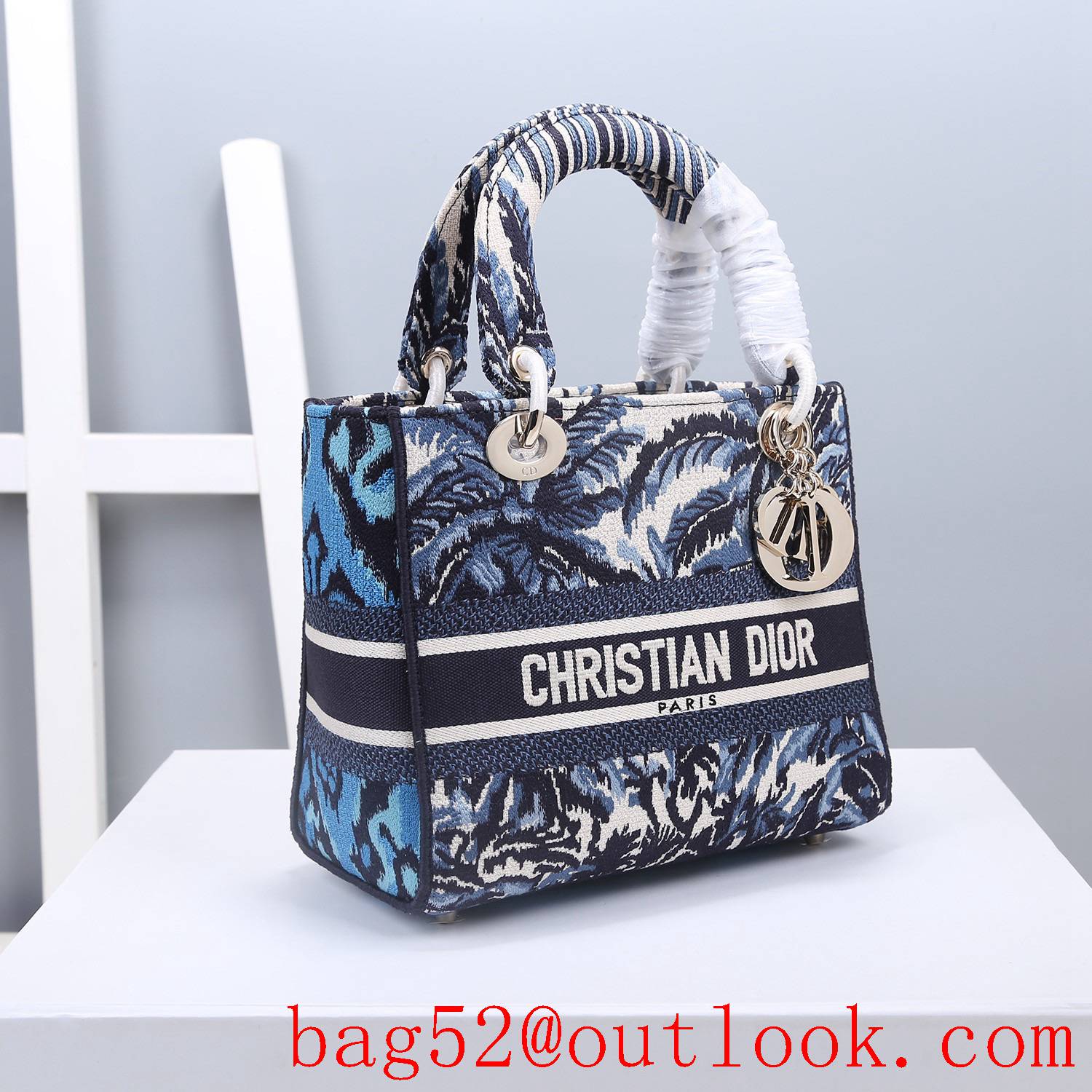 Dior Natural elements Vegetation Jouy print Blue embroidery pattern book tote handbag bag