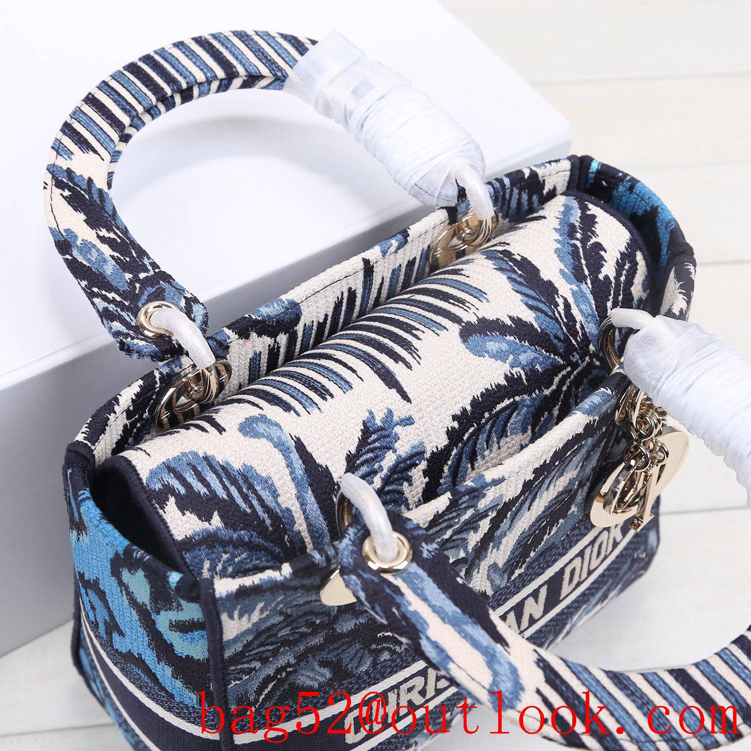 Dior Natural elements Vegetation Jouy print Blue embroidery pattern book tote handbag bag