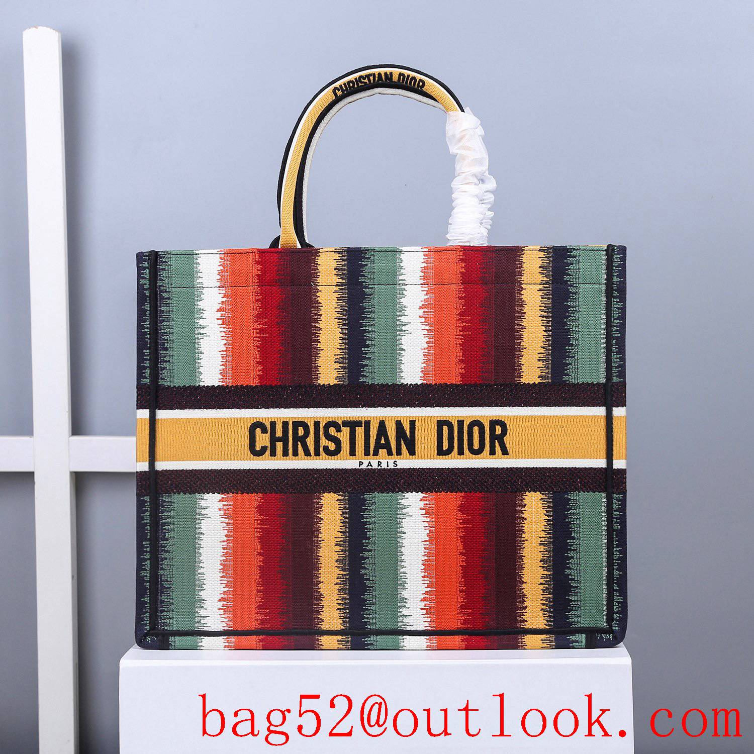 Dior Pastel Colors Multicolor Stripe Embroidery colorful tote large bag