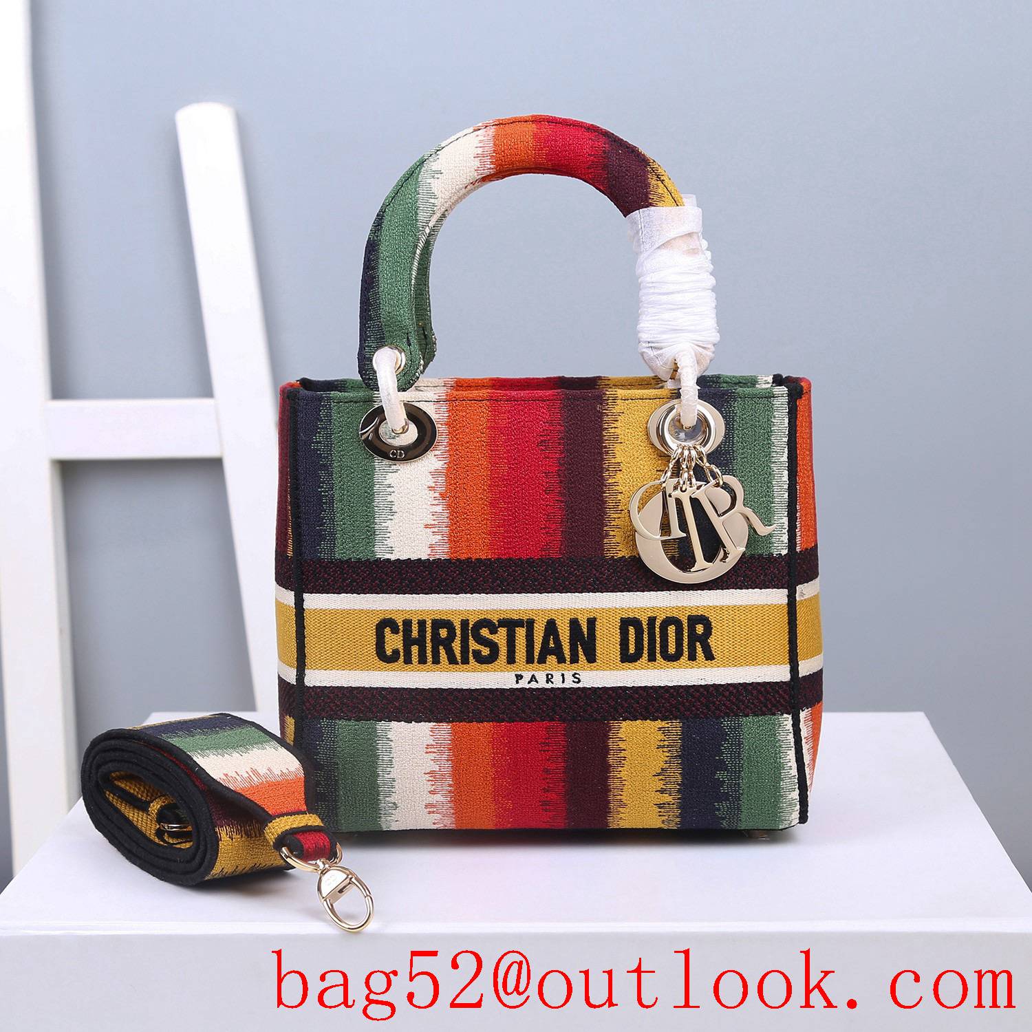 Dior Lady D-Lite Five Grid Embroidered Rainbow Stripes Tie Dior Pattern Embroidery Light Gold Finish Metal Removable Reversible