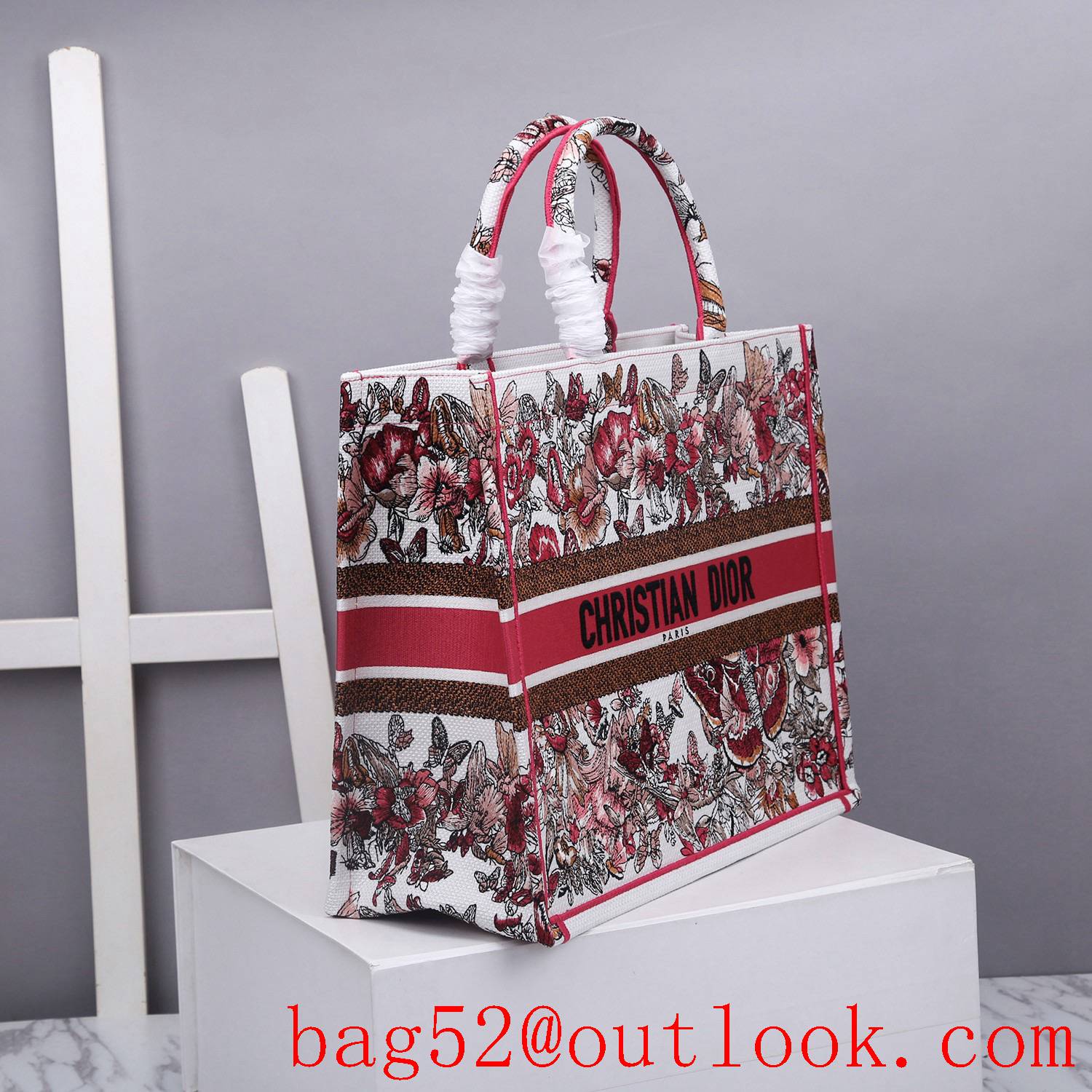 Dior book tote large red flower retro shopping bag handbag