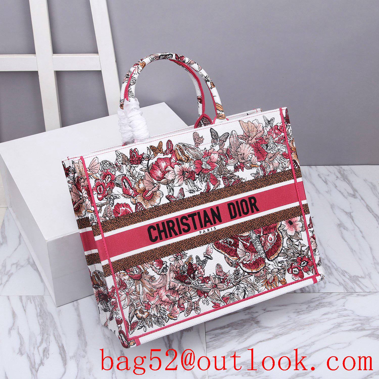 Dior book tote large red flower retro shopping bag handbag