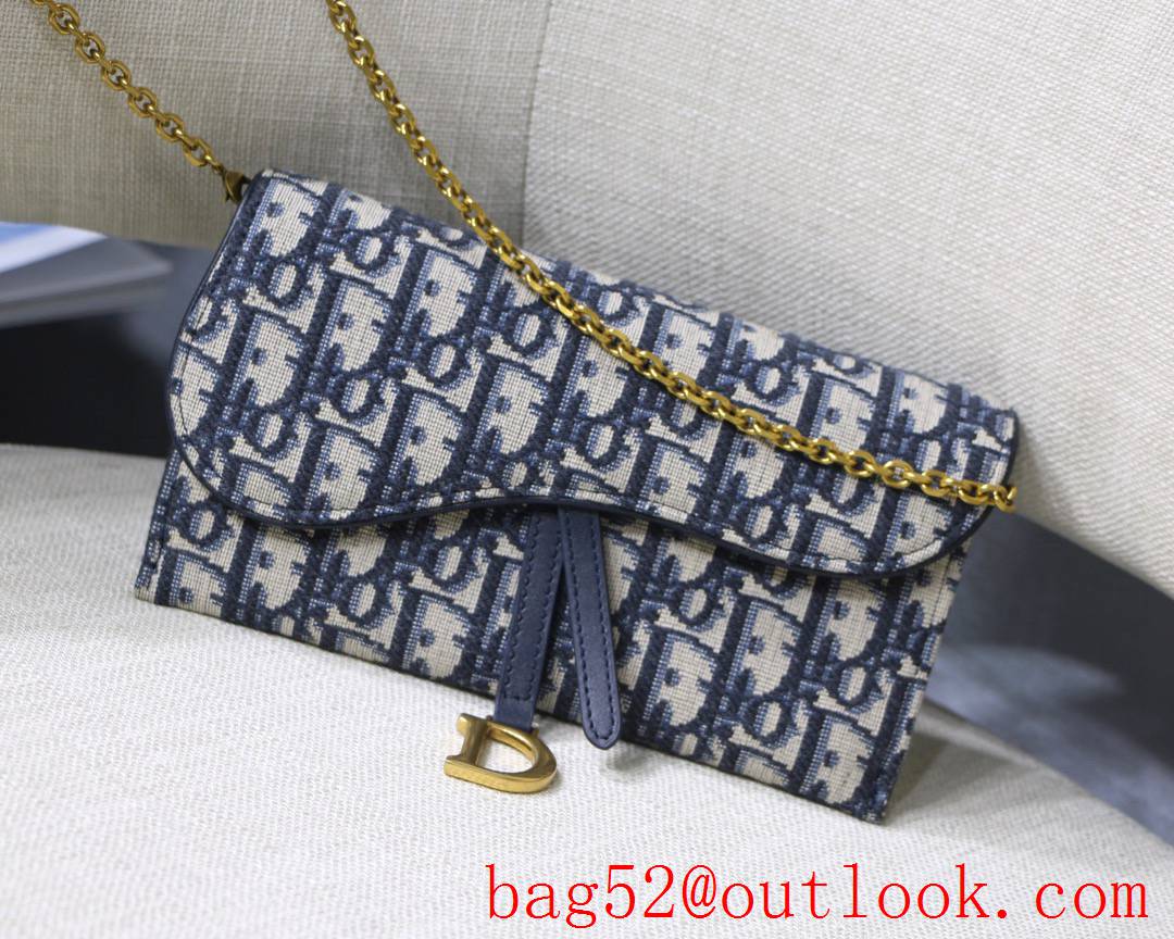 Dior Oblique jacquard canvas long flap wallet Embellished blue calfskin Vintage Gold Metal Accessories chain bag